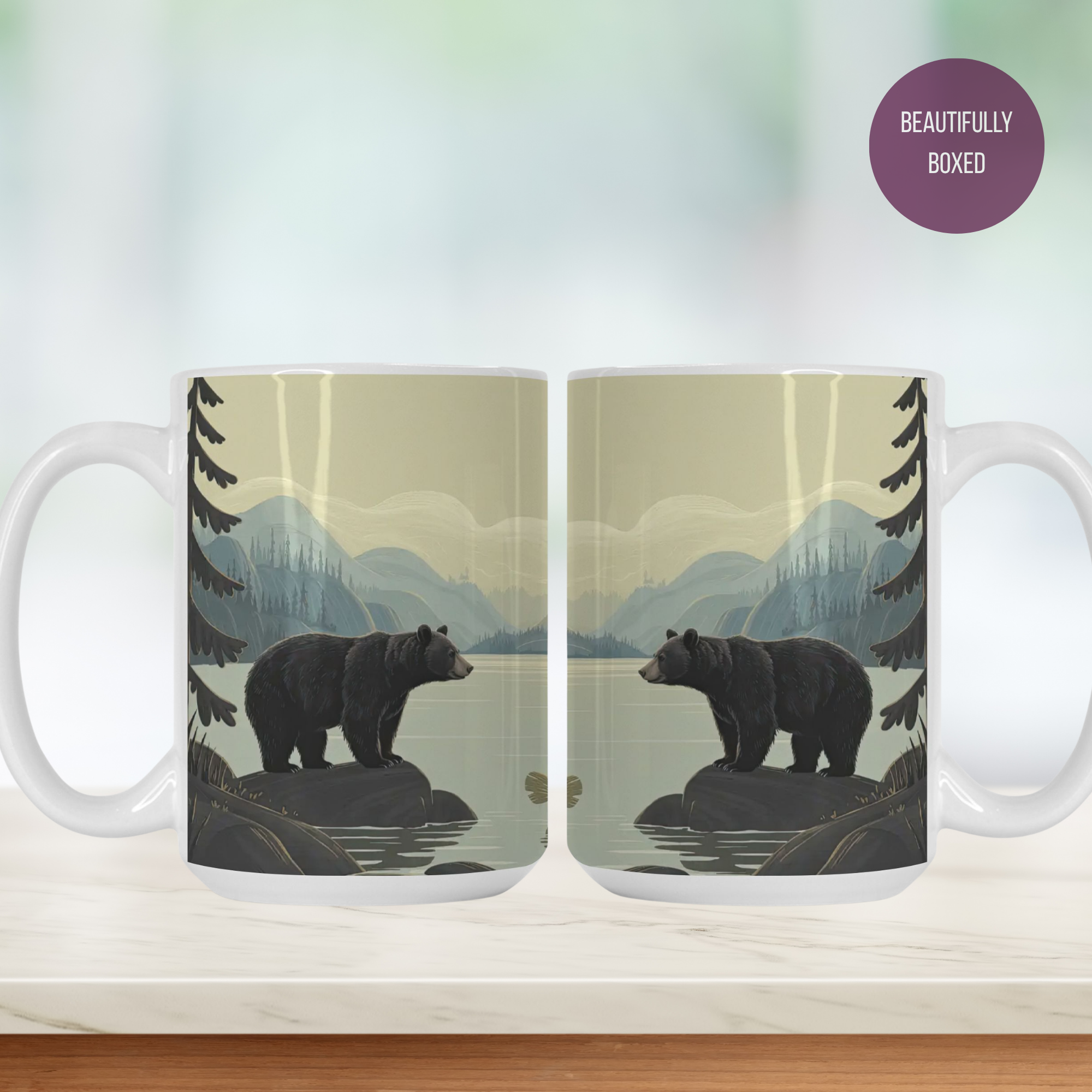 Two mugs with bear design on a wooden surface