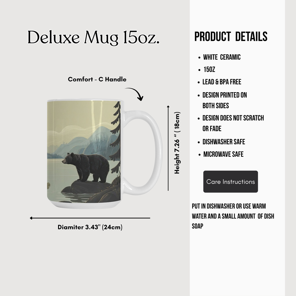 Deluxe mug with bear design and product details on a white background