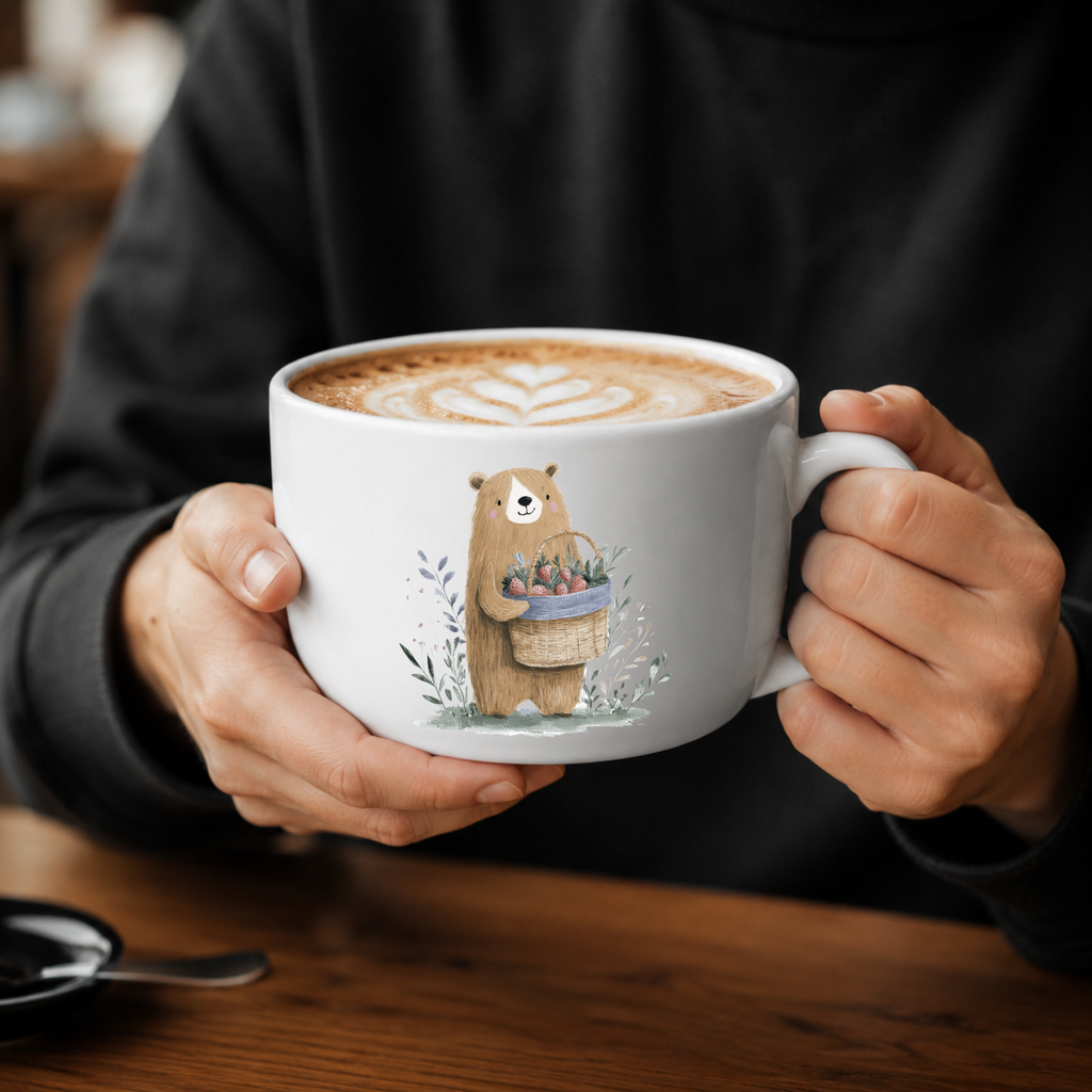 25oz Ceramic Latte Mug — Bear with Strawberries