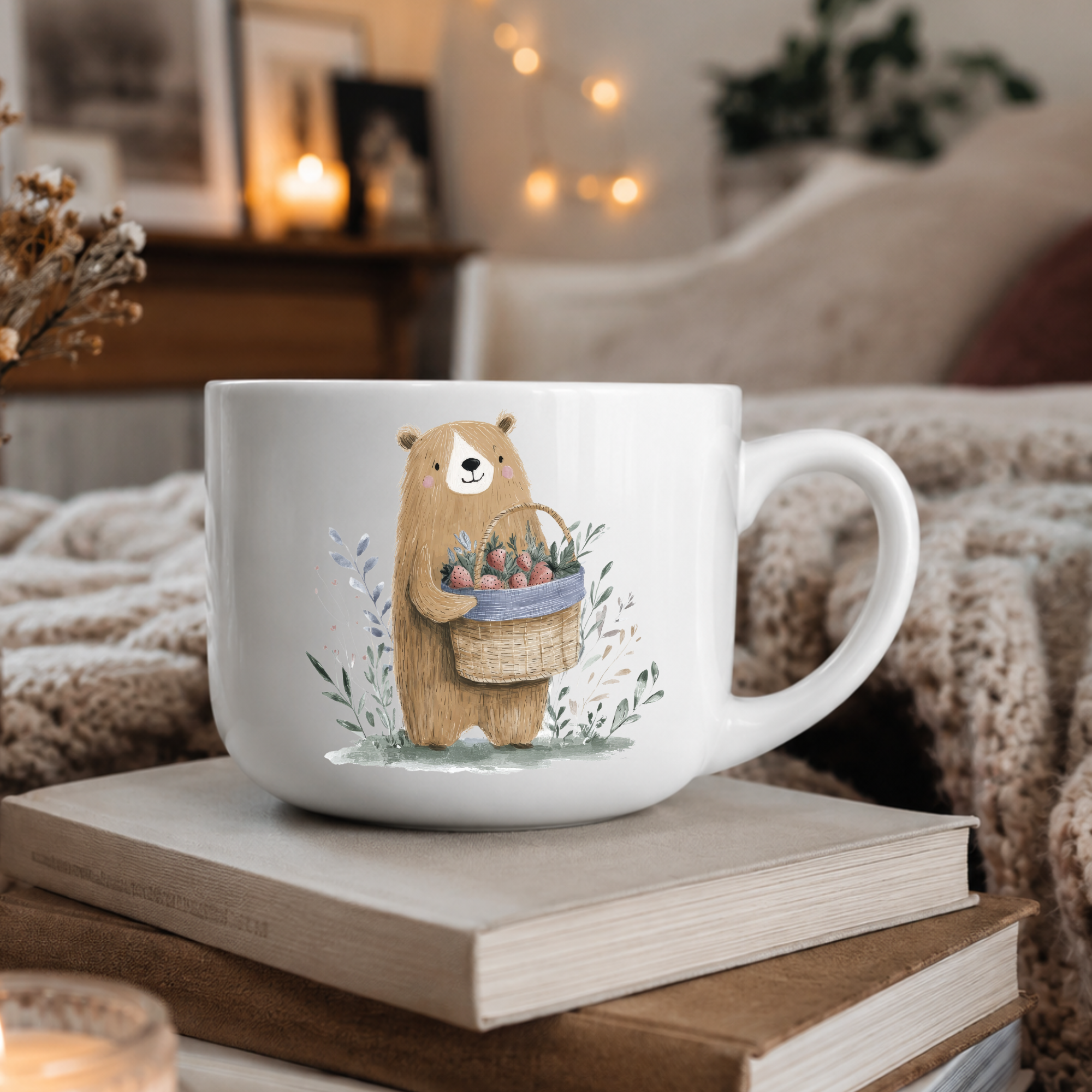 25oz Ceramic Latte Mug — Bear with Strawberries
