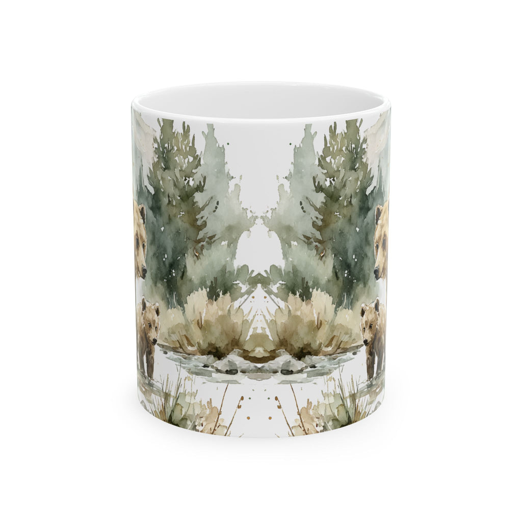 Mug with nature-themed design of trees and landscape on a white background