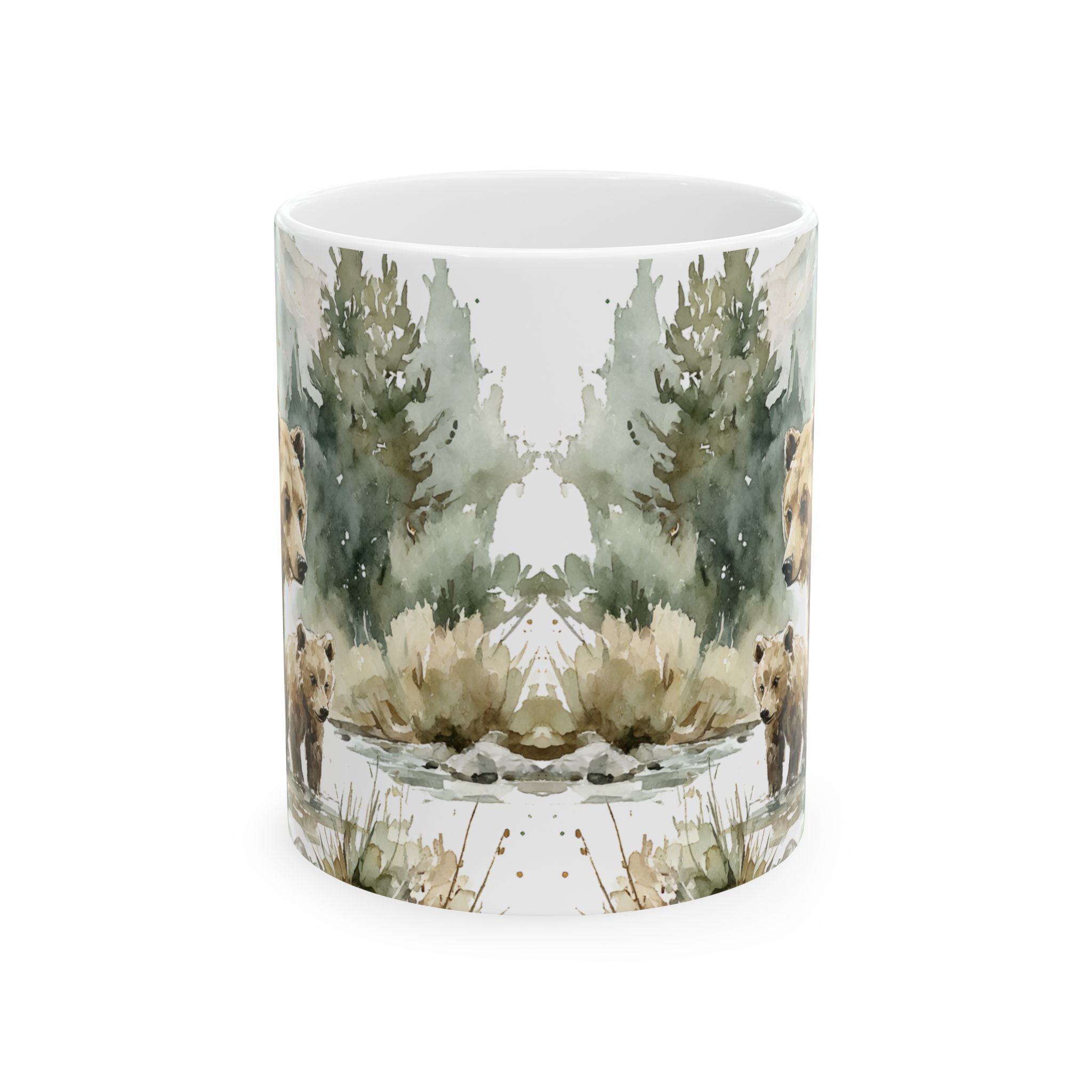 Mug with nature-themed design of trees and landscape on a white background
