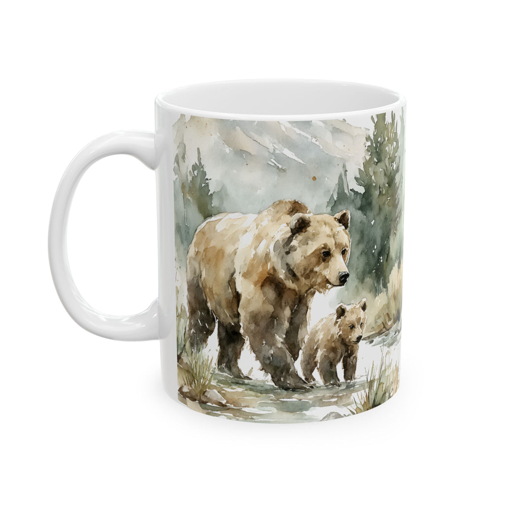 Mug with a watercolor design of a bear and cub in a natural setting