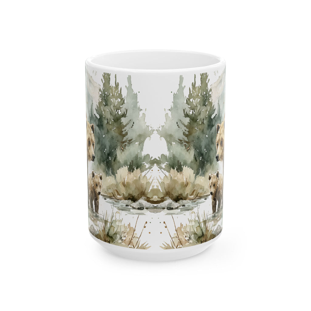 Ceramic mug with nature-themed design of trees and animals on a white background