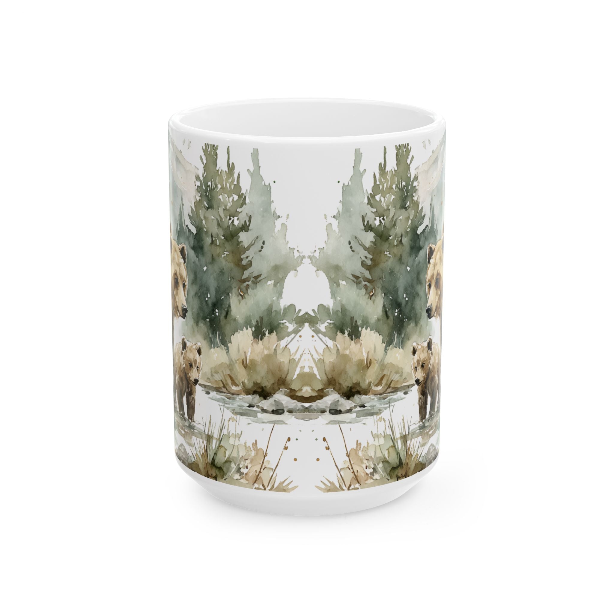 Ceramic mug with nature-themed design of trees and animals on a white background