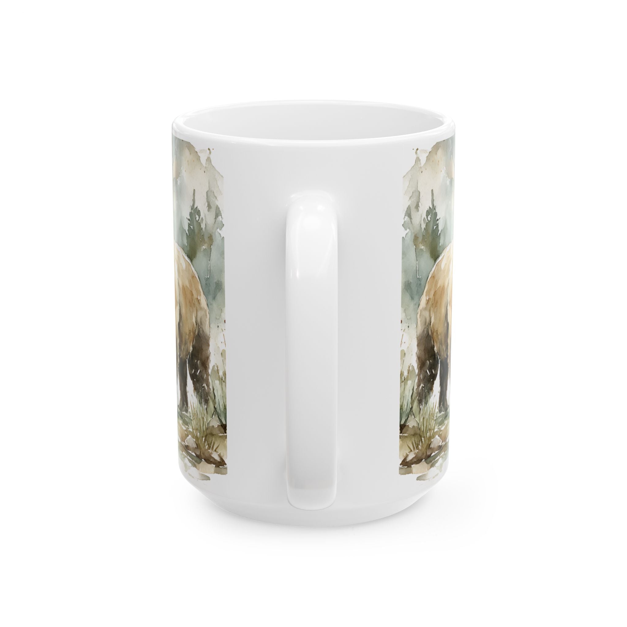 White mug with nature-themed design of trees and animals on a white background