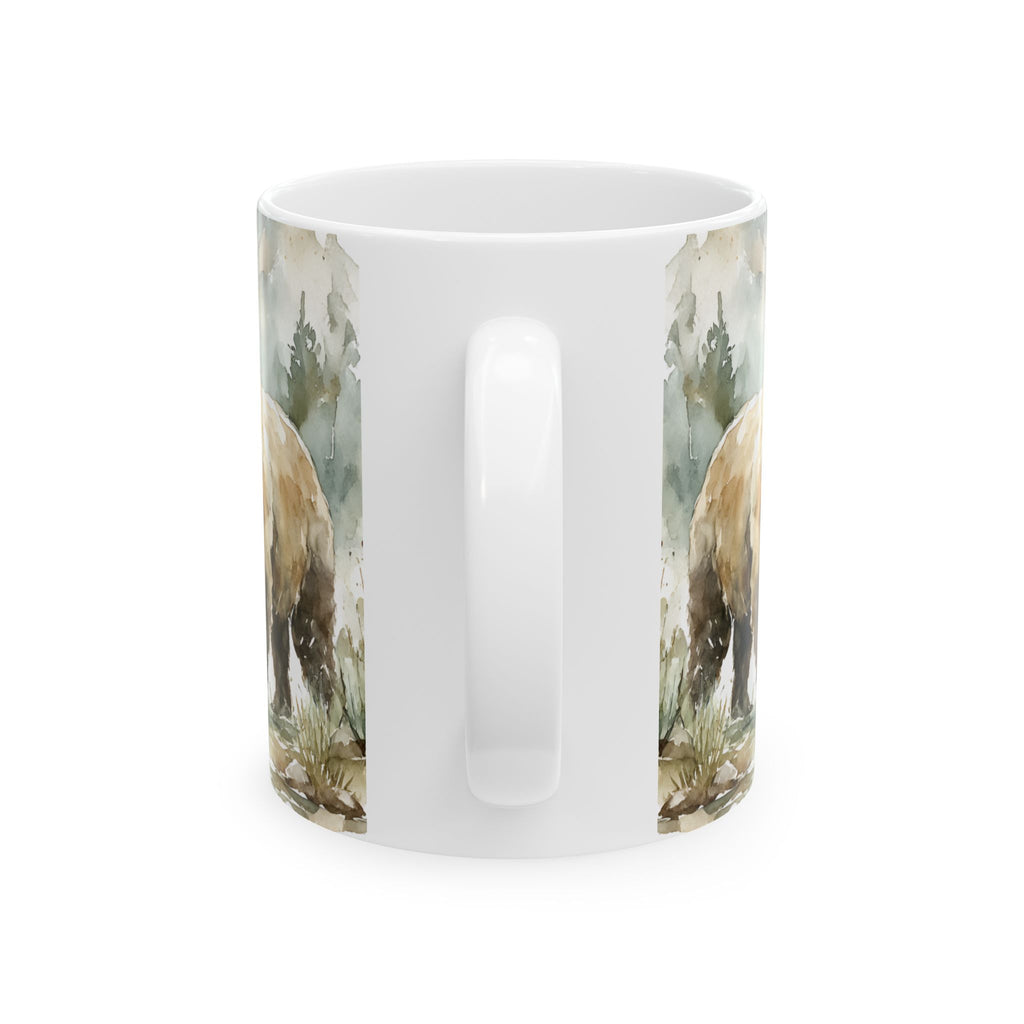 White mug with a nature-themed design of trees and animals on a white background