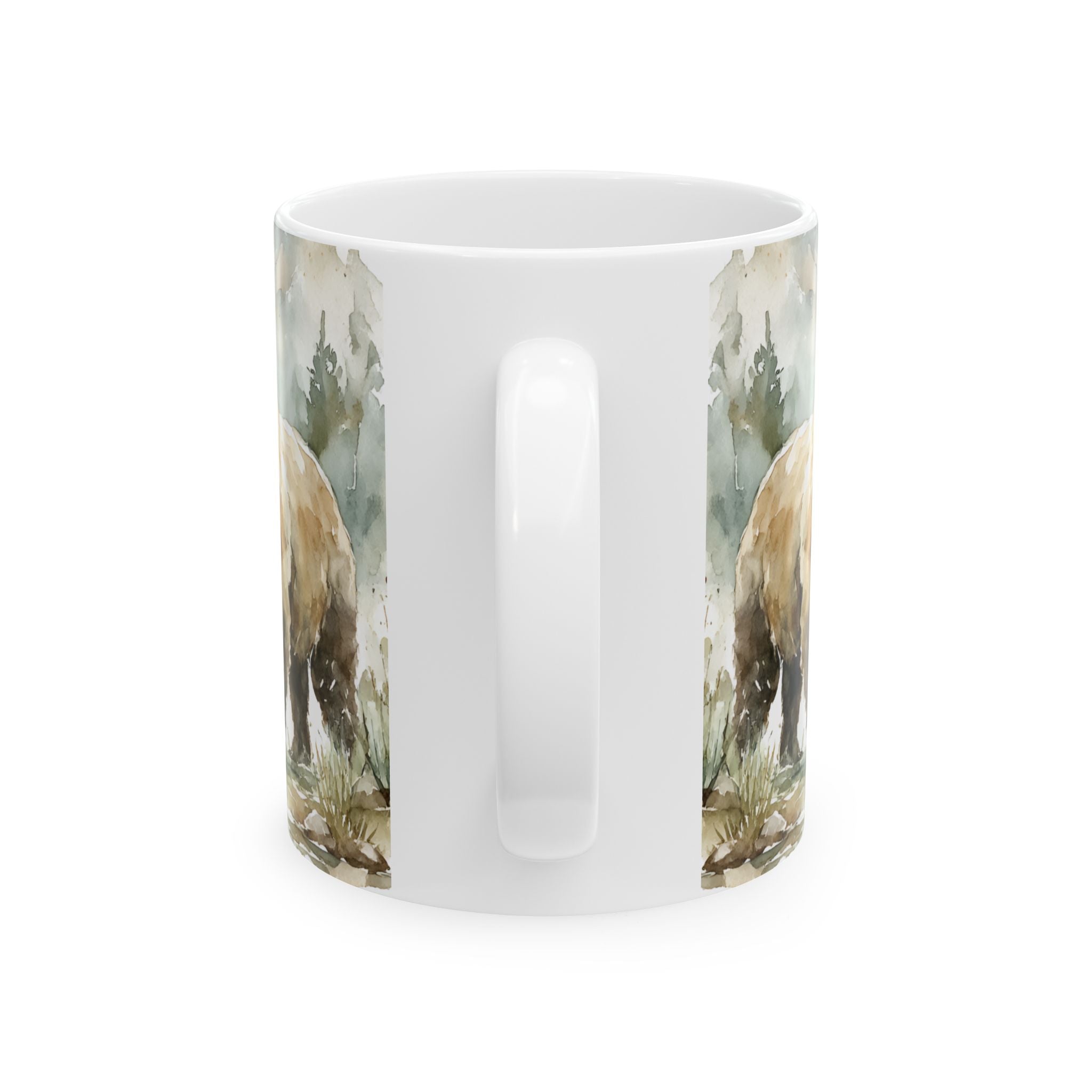 White mug with a nature-themed design of trees and animals on a white background