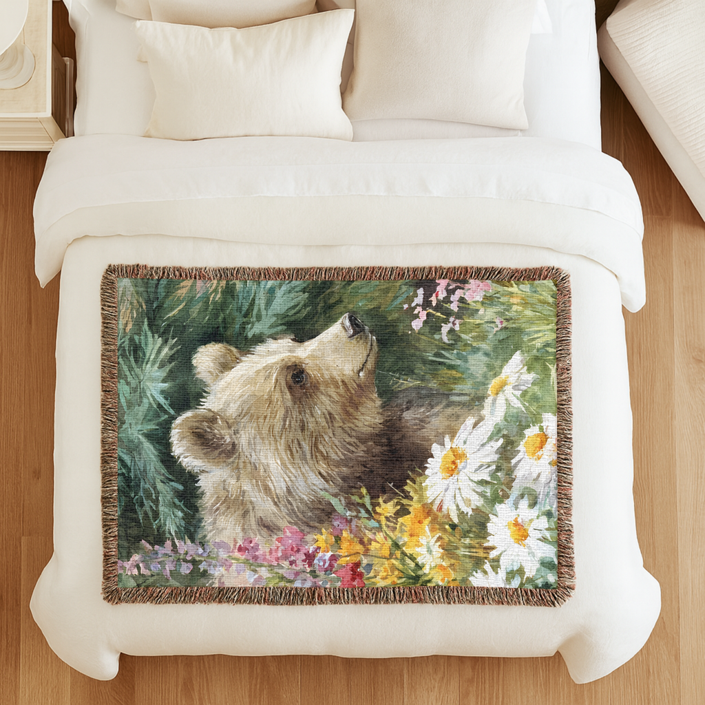 Woven blanket with a bear and floral vertical design on a white bed.