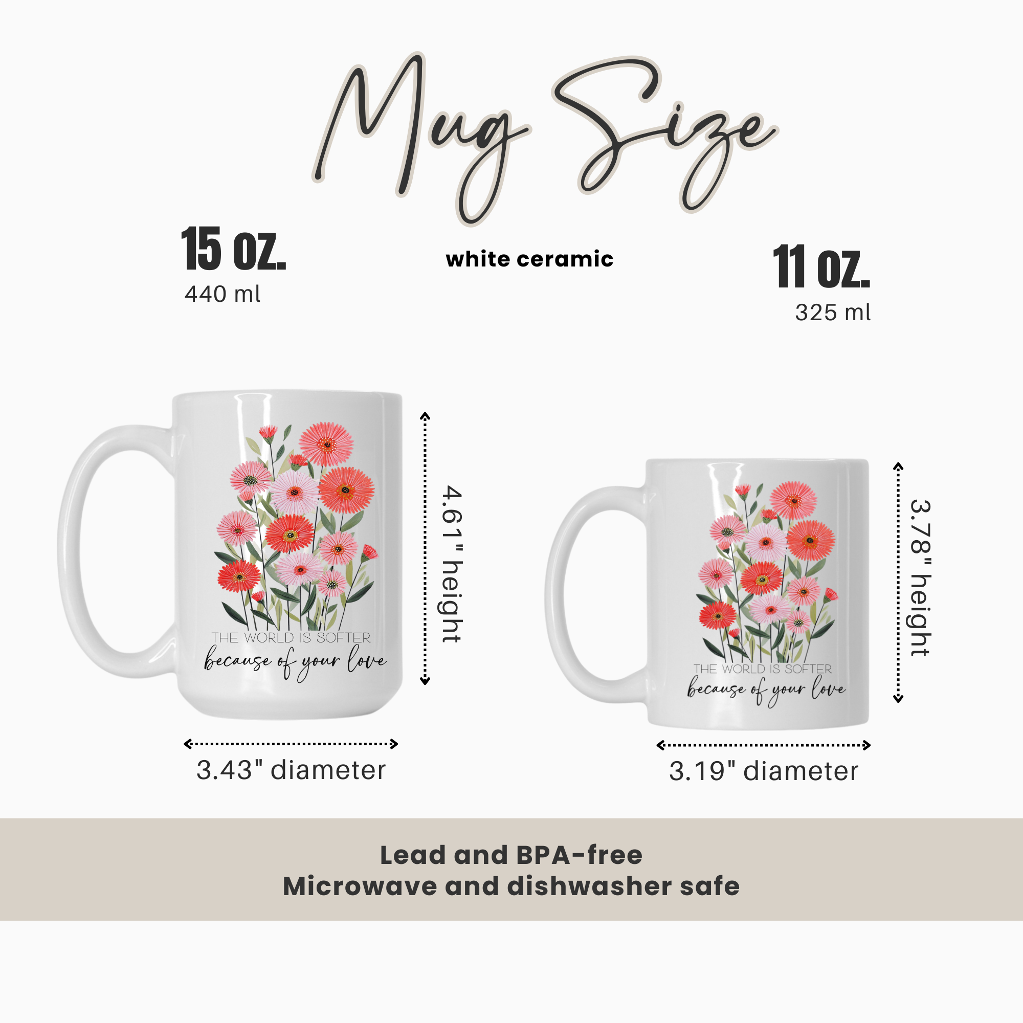 15oz and 11oz mugs with floral design and measurements on a white background