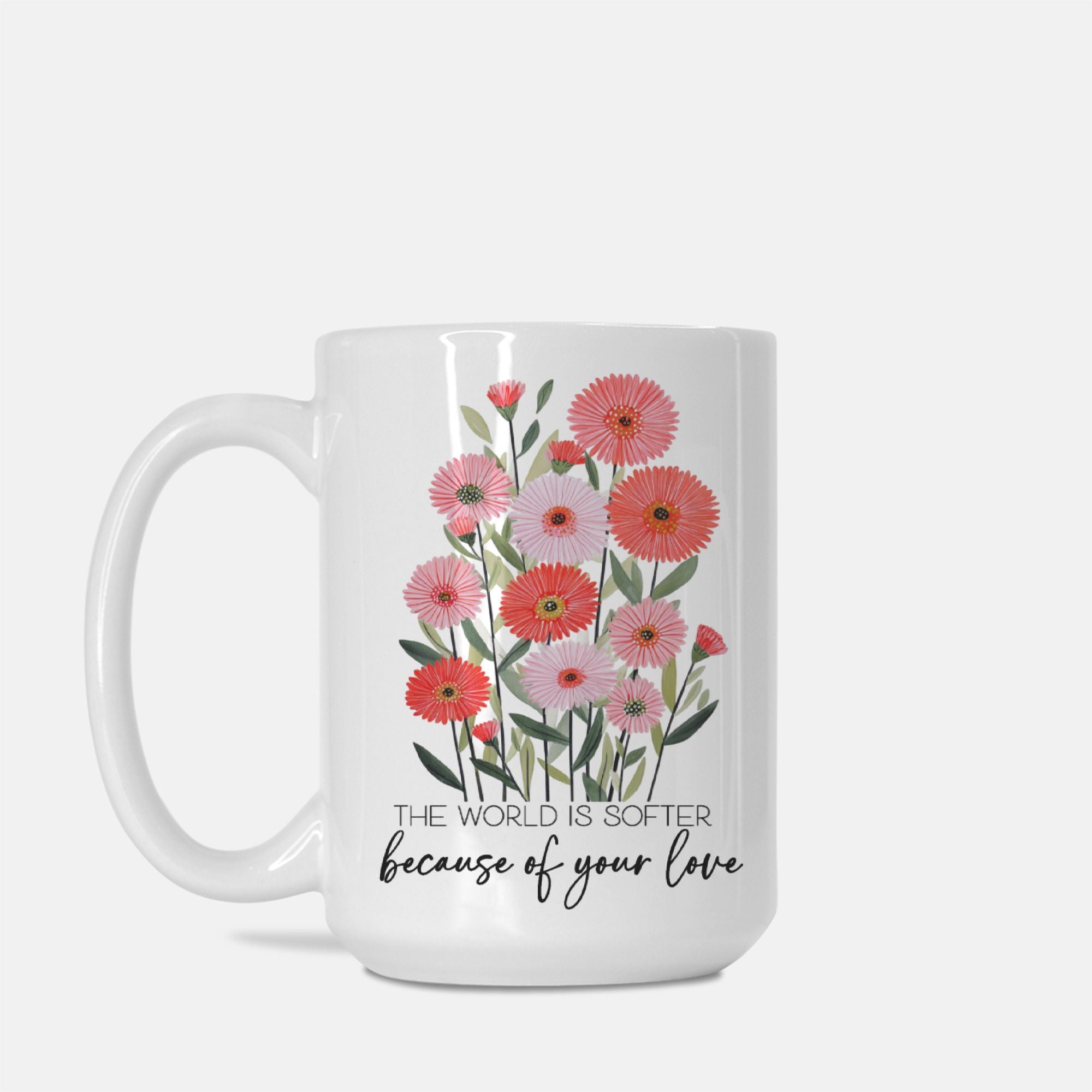 White mug with floral design and text on a white background