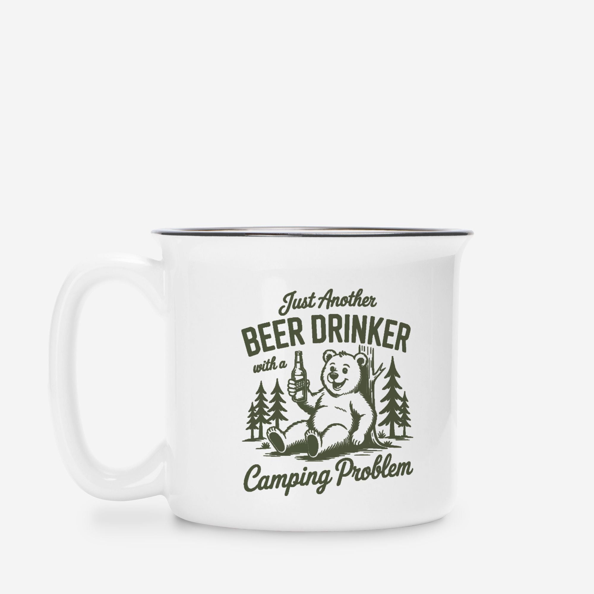 White mug with bear graphic and text on a white background