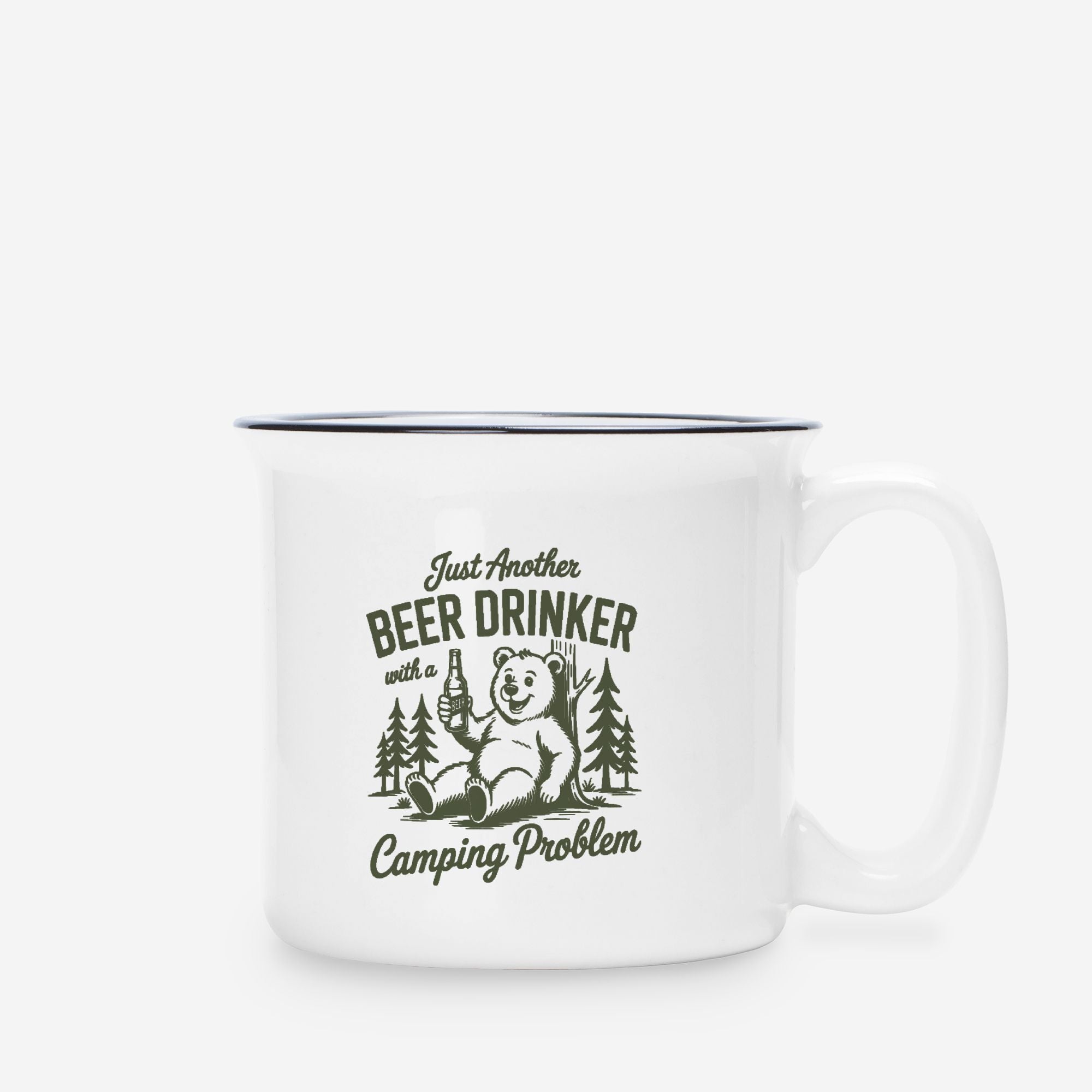 White mug with black text and bear graphic on a white background
