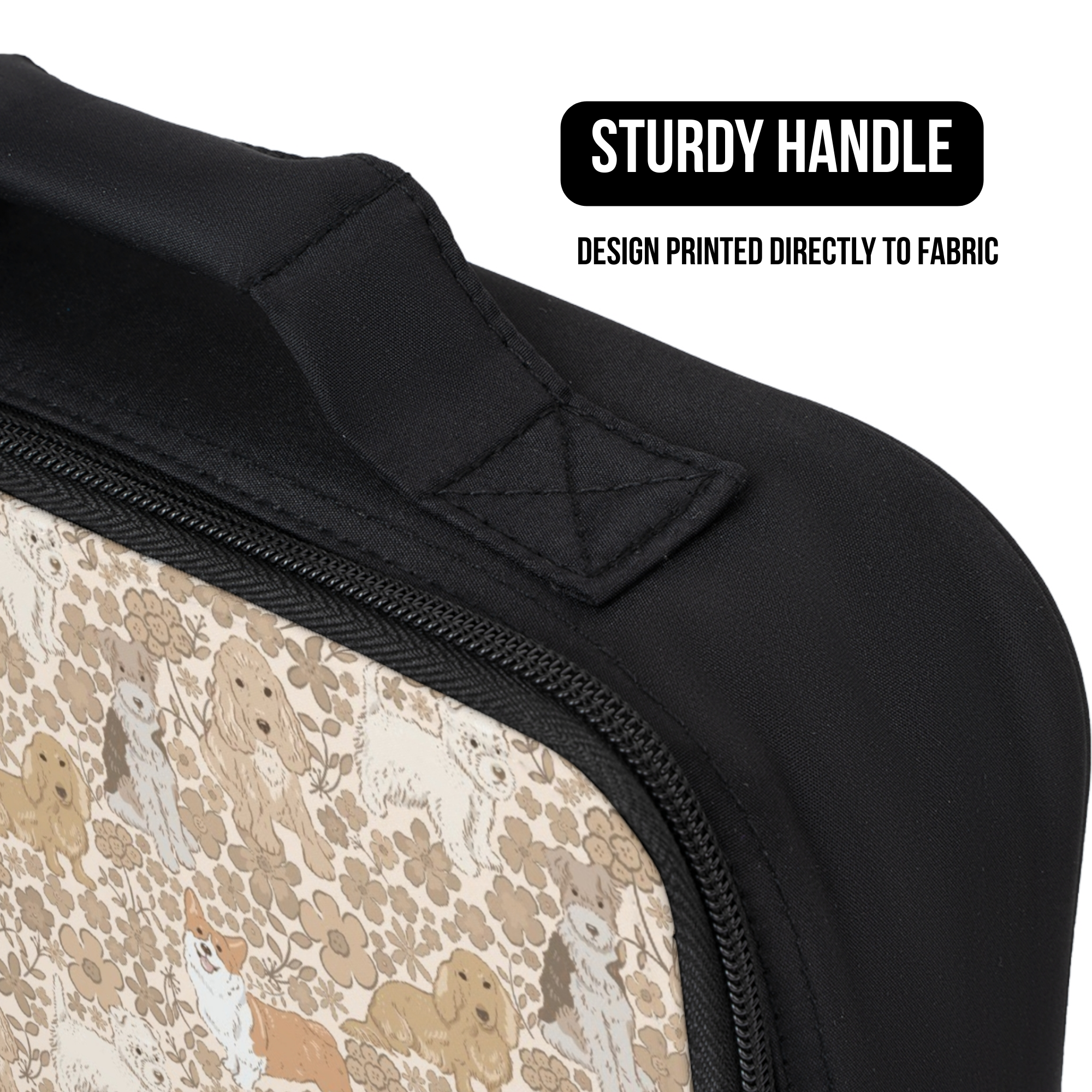 Black lunch bag with floral dog pattern and sturdy handle design printed directly to fabric.