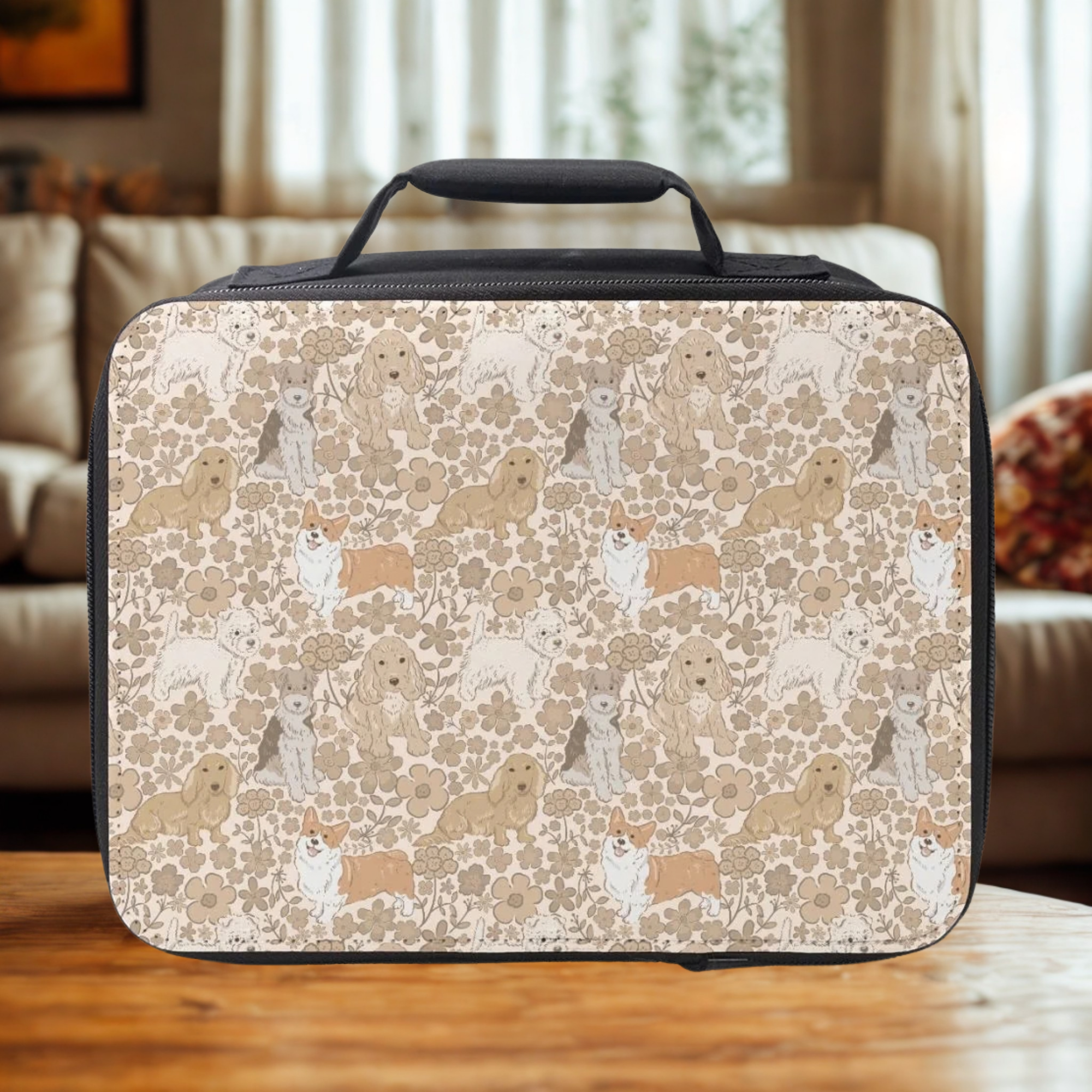 insulated lunch bag with dog & floral  pattern on a wooden coffee table in a cozy living room