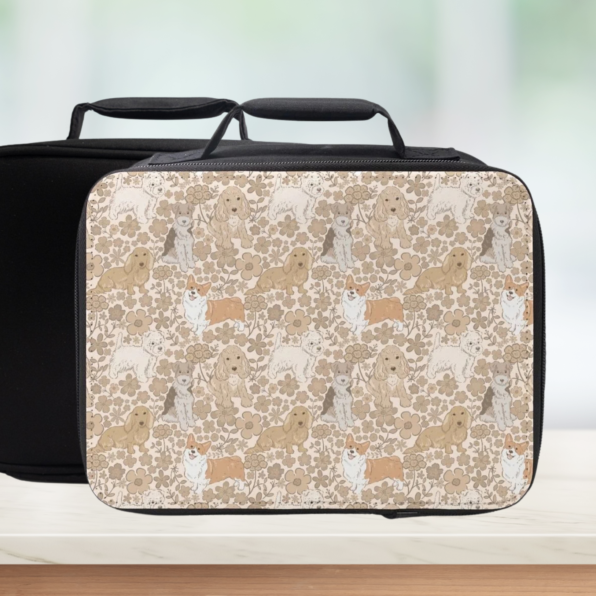 Lunch bag with dog & floral pattern on a wooden surface