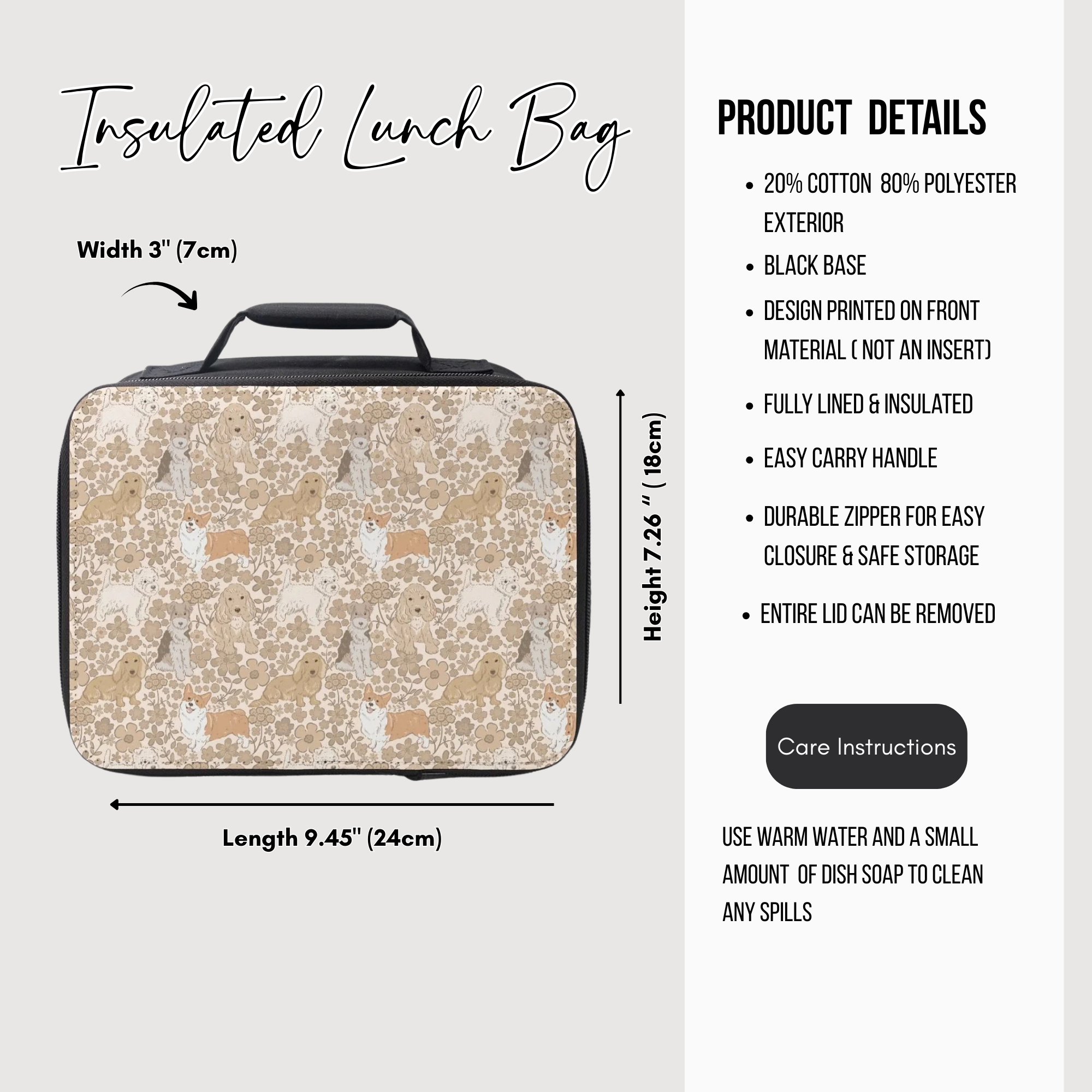 Insulated lunch bag with measurements and product details on a white background