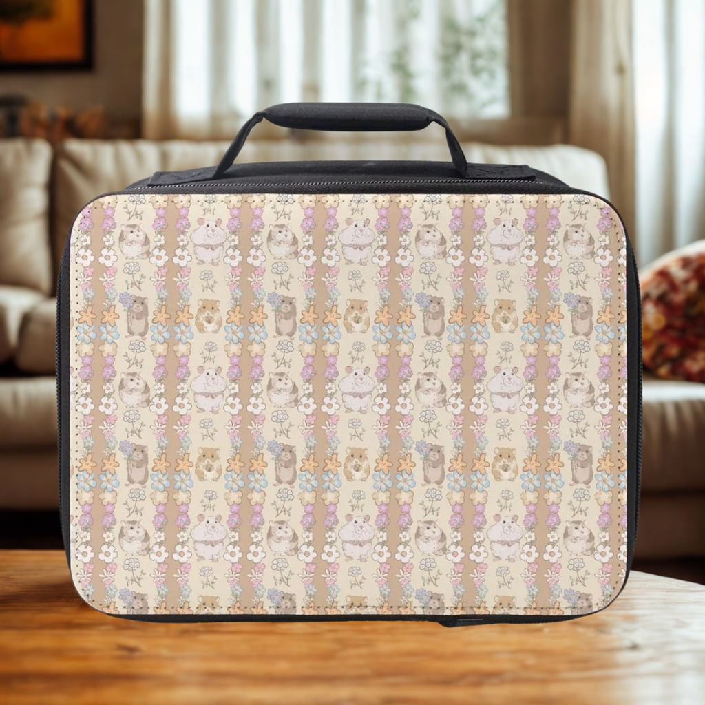 Cute hamster patterned lunch bag on a wooden table with a blurred living room background