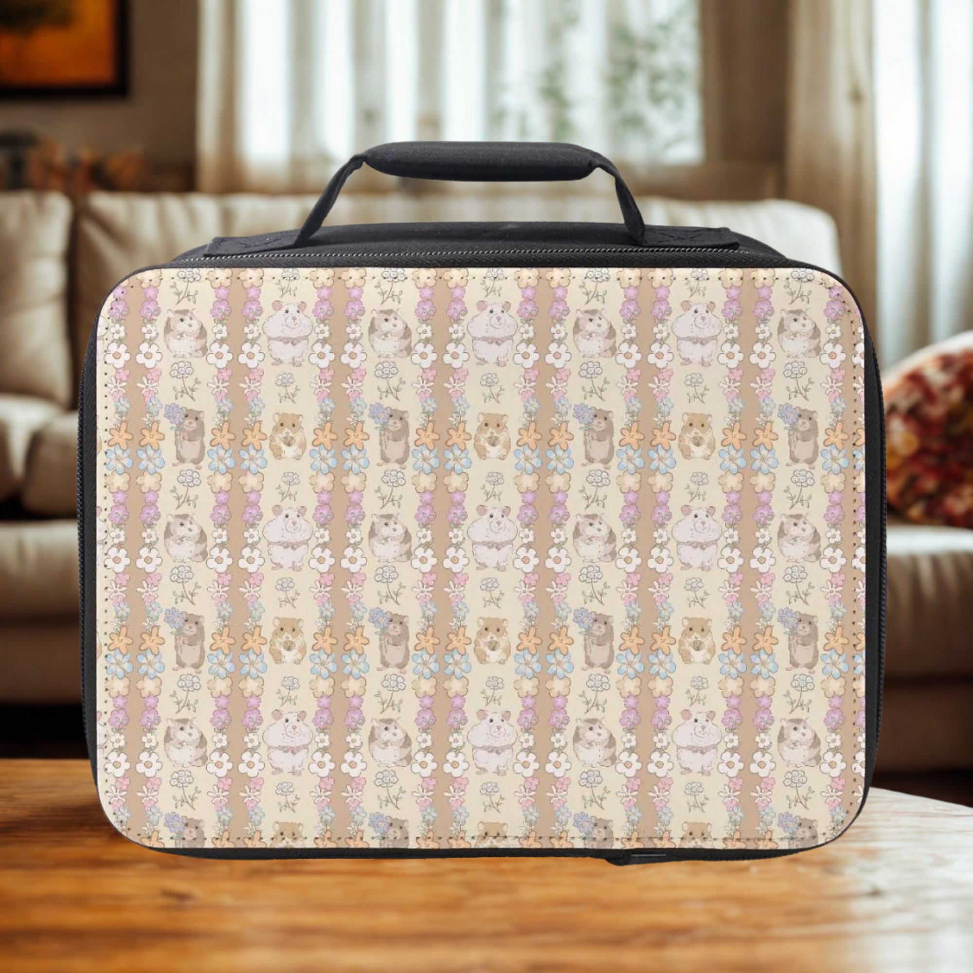 Cute hamster patterned lunch bag on a wooden table with a blurred living room background
