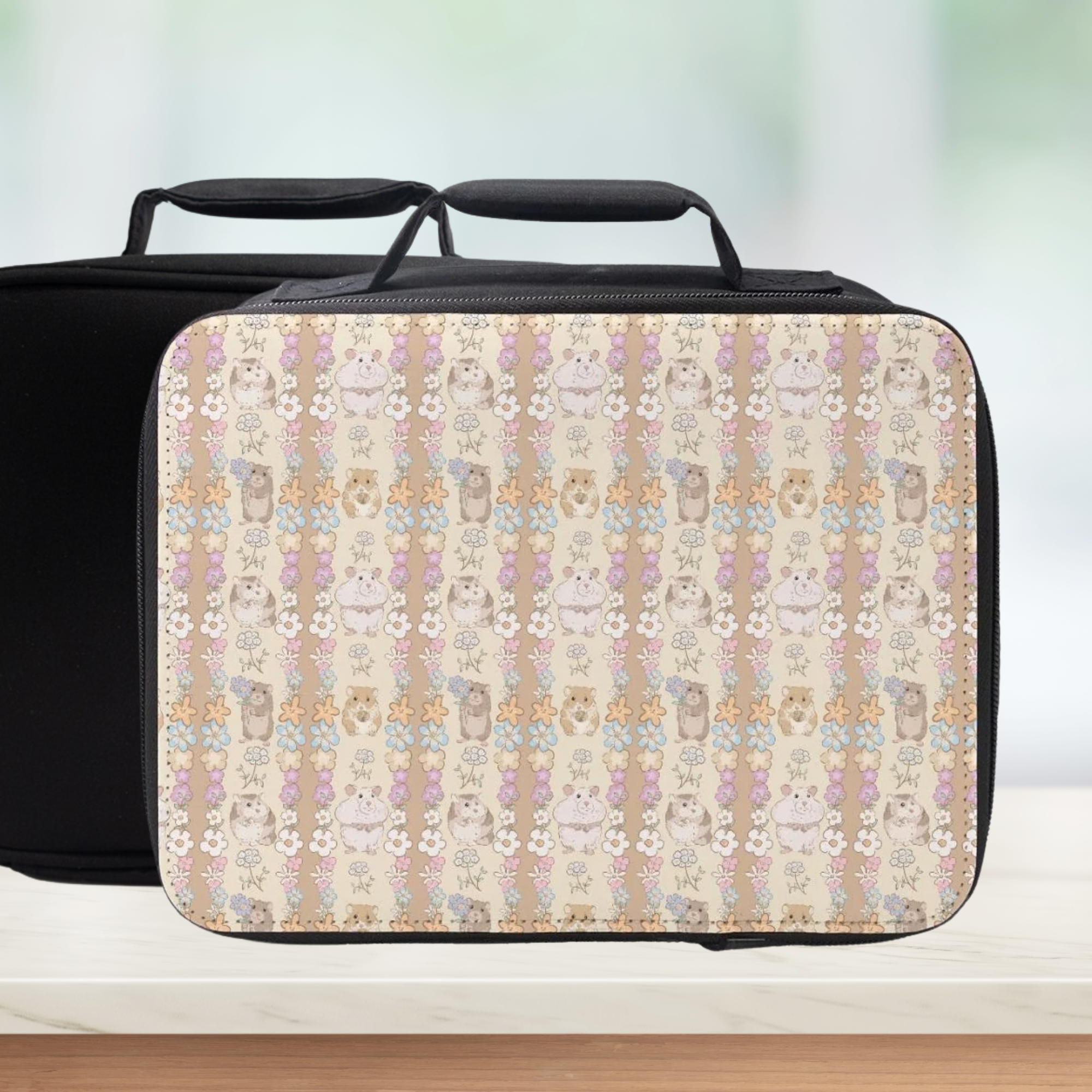 Lunch bag with a pattern of hand drawn cartoon hamsters holding bouquets of flowers on a wooden surface