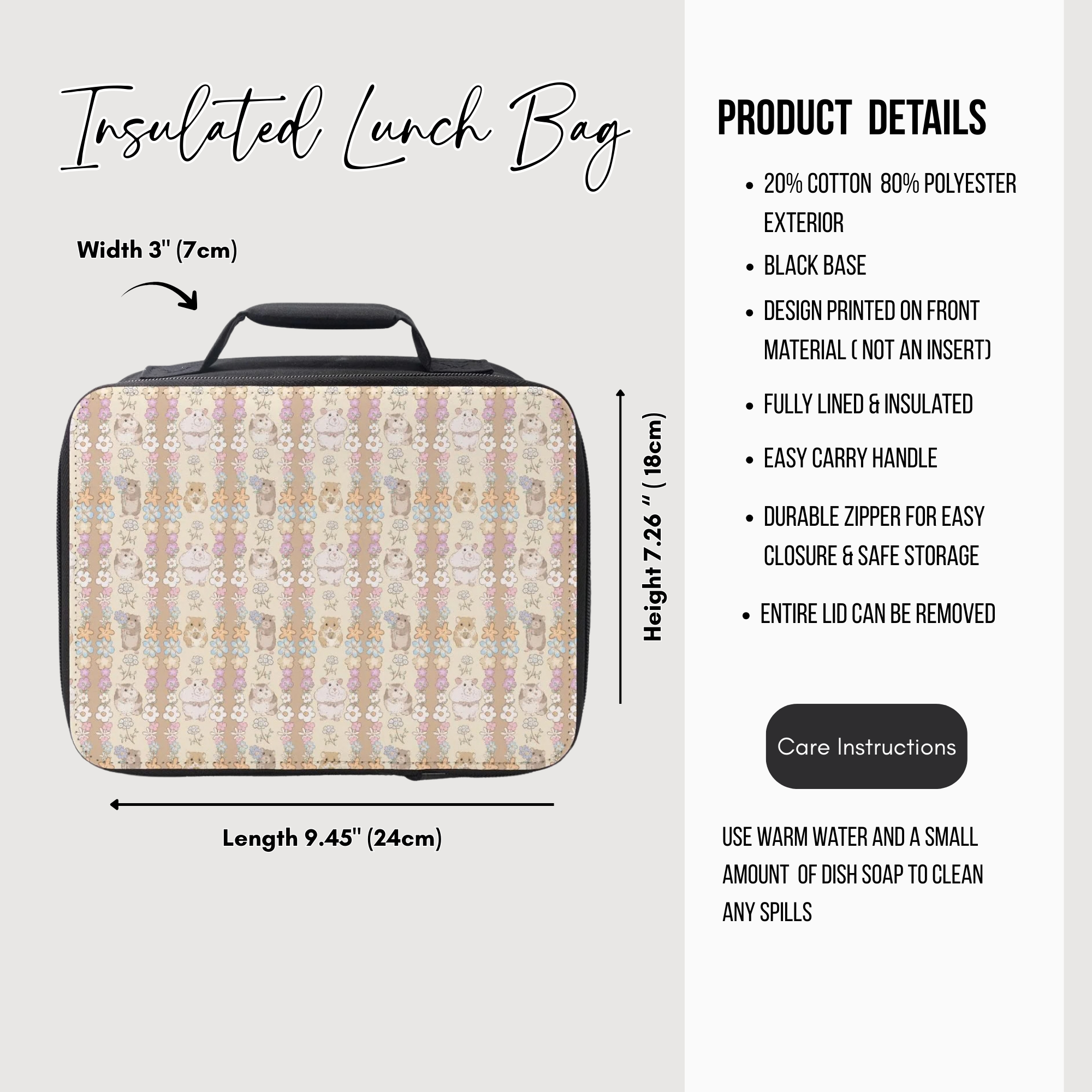 Insulated lunch bag with dimensions and product details on a white background