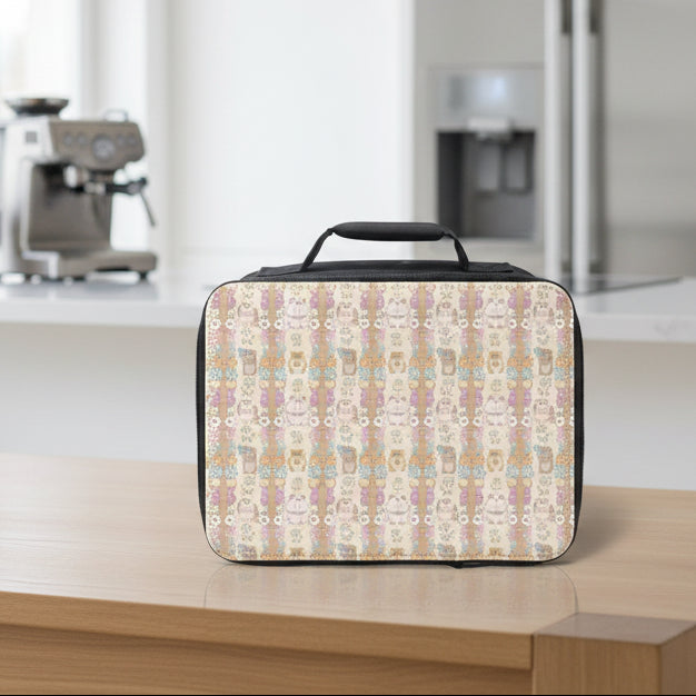 Lunch bag with a stiped pattern of small hamsters & flower on a wooden counter with a blurred kitchen background.