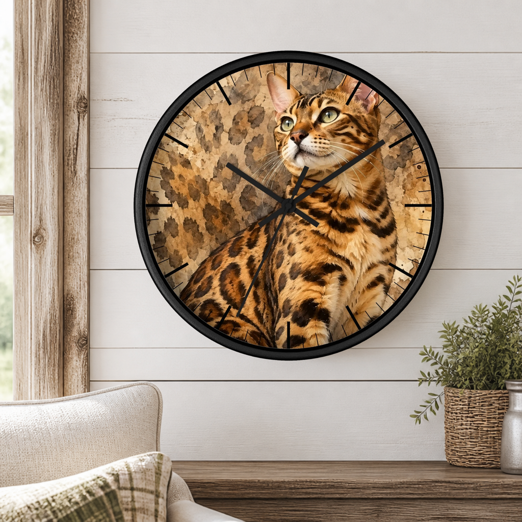 Cheetah Print Bengal Cat Wood Wall Clock – Wildlife-Inspired Home Decor for Cat Lovers