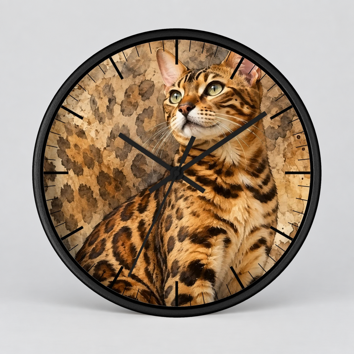 Round wall clock with a black frame and hands, featuring a printed design of a spotted Bengal cat over a leopard-print background.