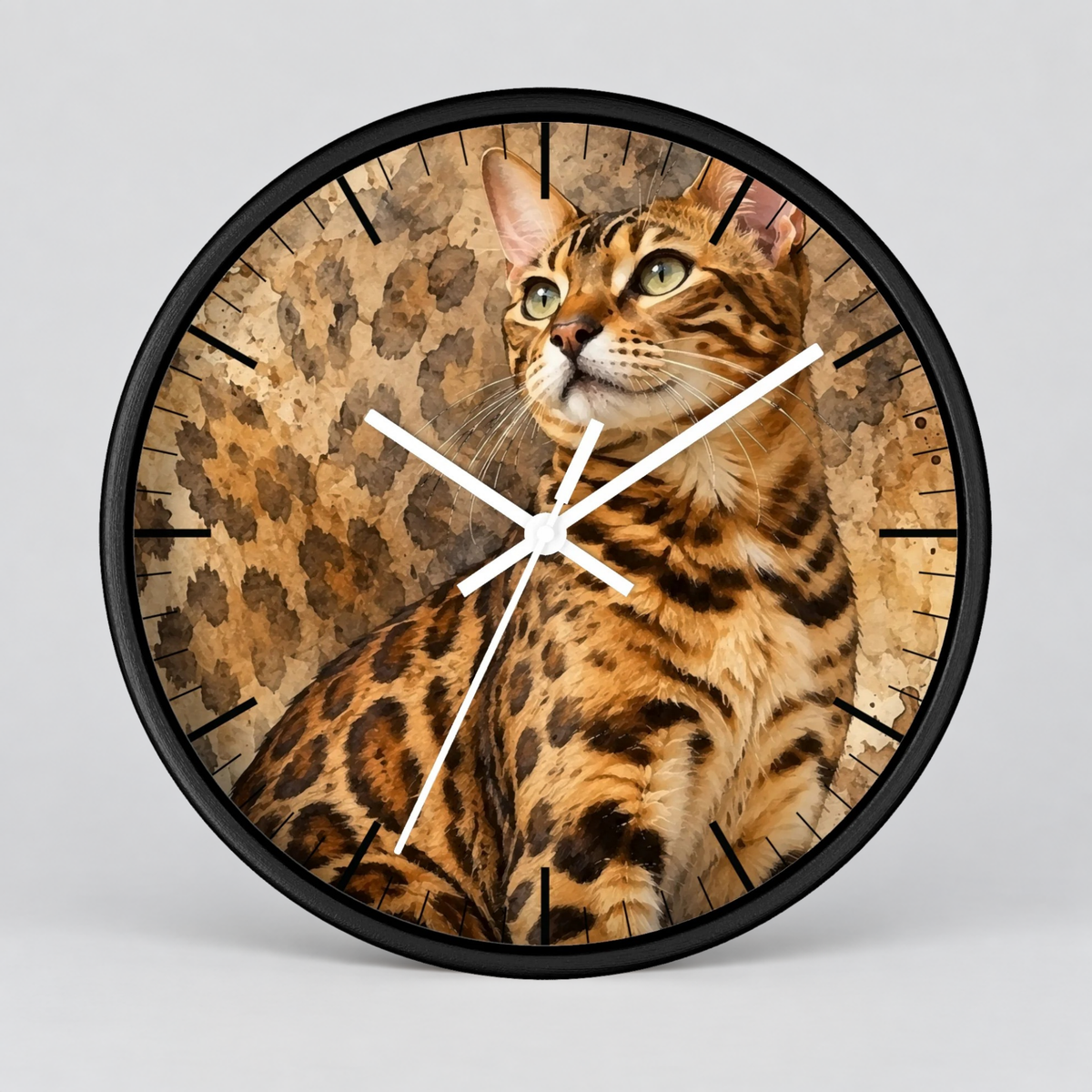 Round wall clock with a black frame and white hands, featuring a printed design of a spotted big cat over a leopard-print background.