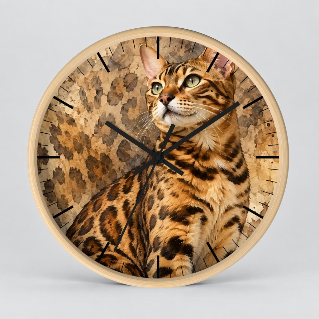 Cheetah Print Bengal Cat Wood Wall Clock – Wildlife-Inspired Home Decor for Cat Lovers