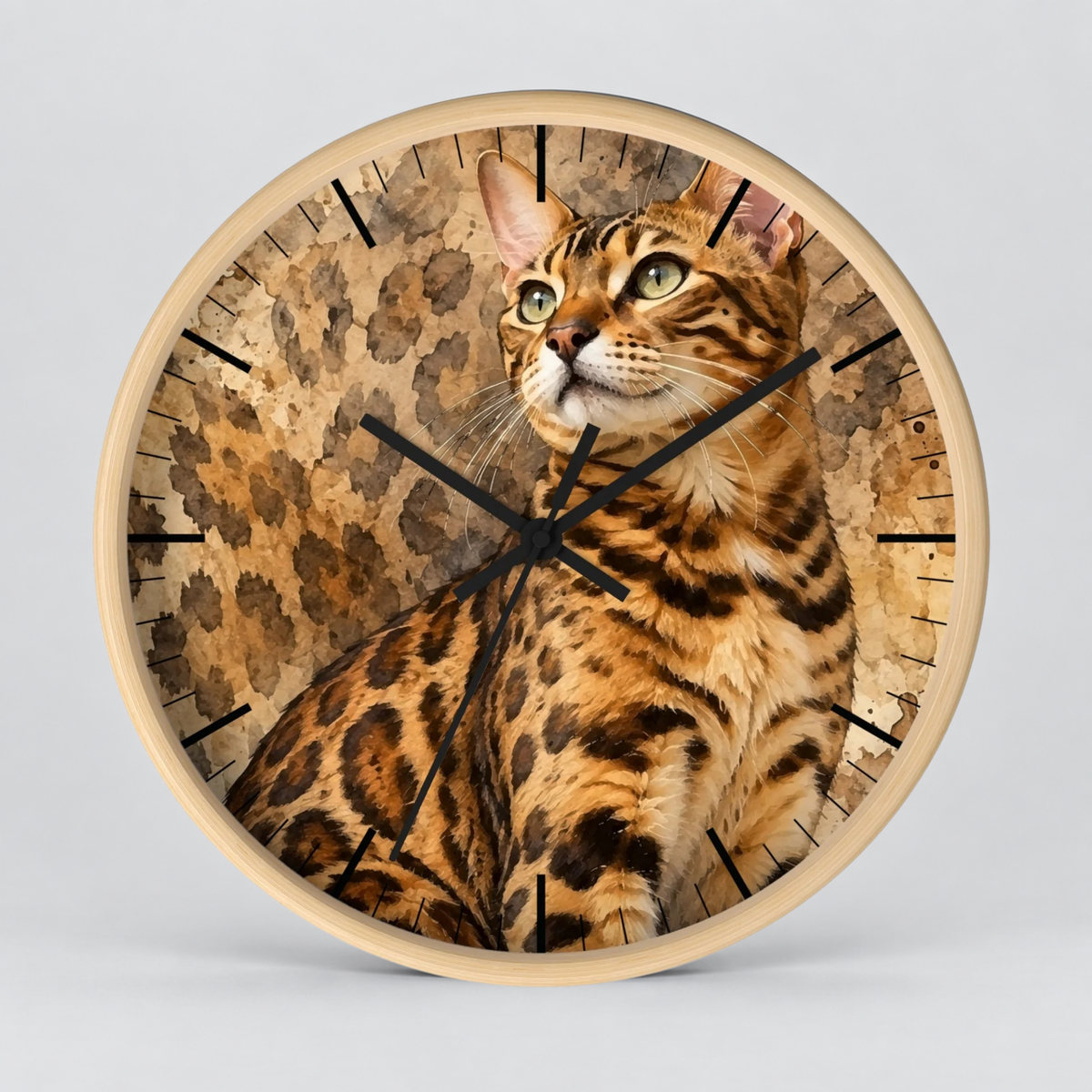 Cheetah Print Bengal Cat Wood Wall Clock – Wildlife-Inspired Home Decor for Cat Lovers