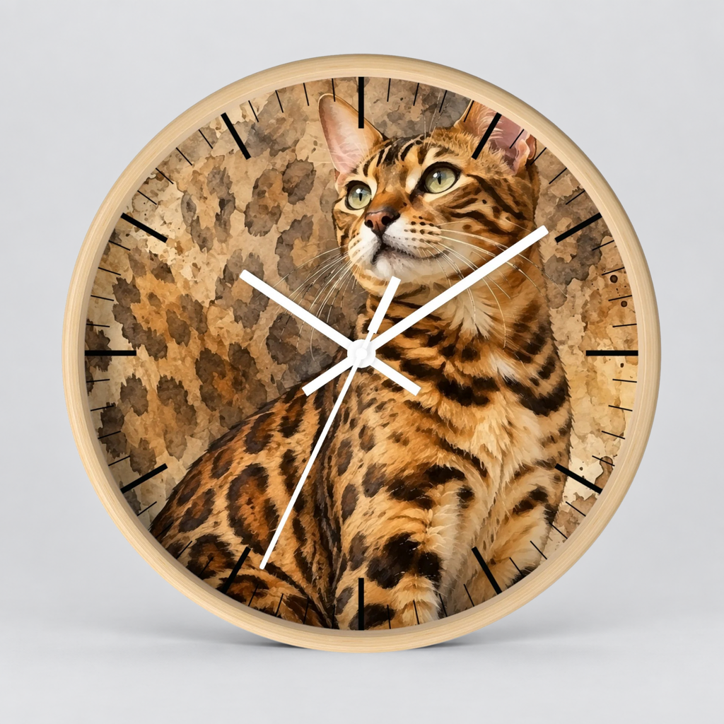 Cheetah Print Bengal Cat Wood Wall Clock – Wildlife-Inspired Home Decor for Cat Lovers