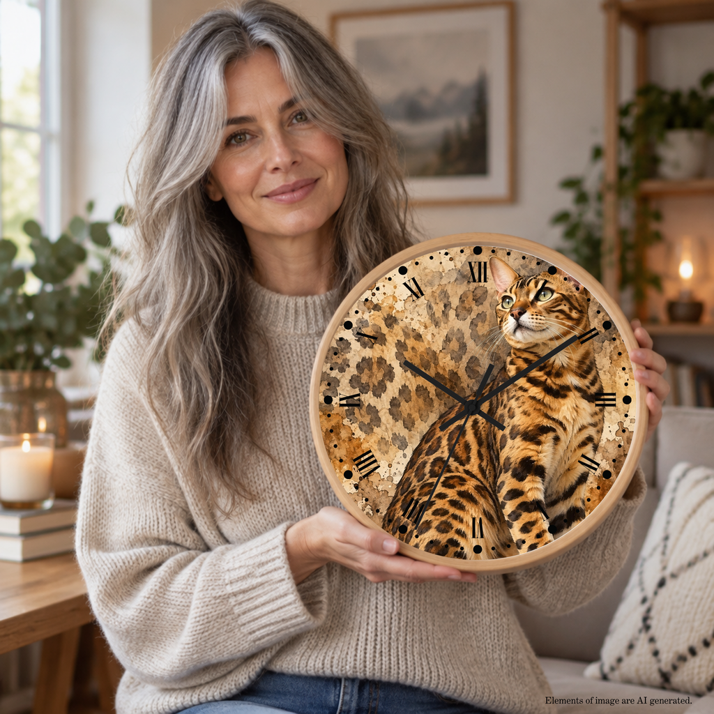 Cheetah Print Bengal Cat Wood Wall Clock – Wildlife-Inspired Home Decor for Cat Lovers