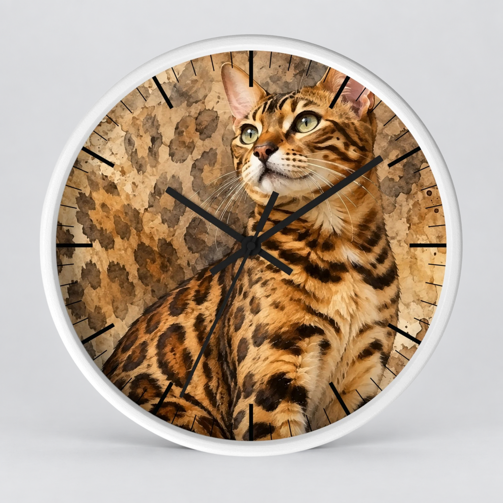 Round wall clock with a white frame and a printed cat face and spotted animal-pattern face, shown against a light gray background.