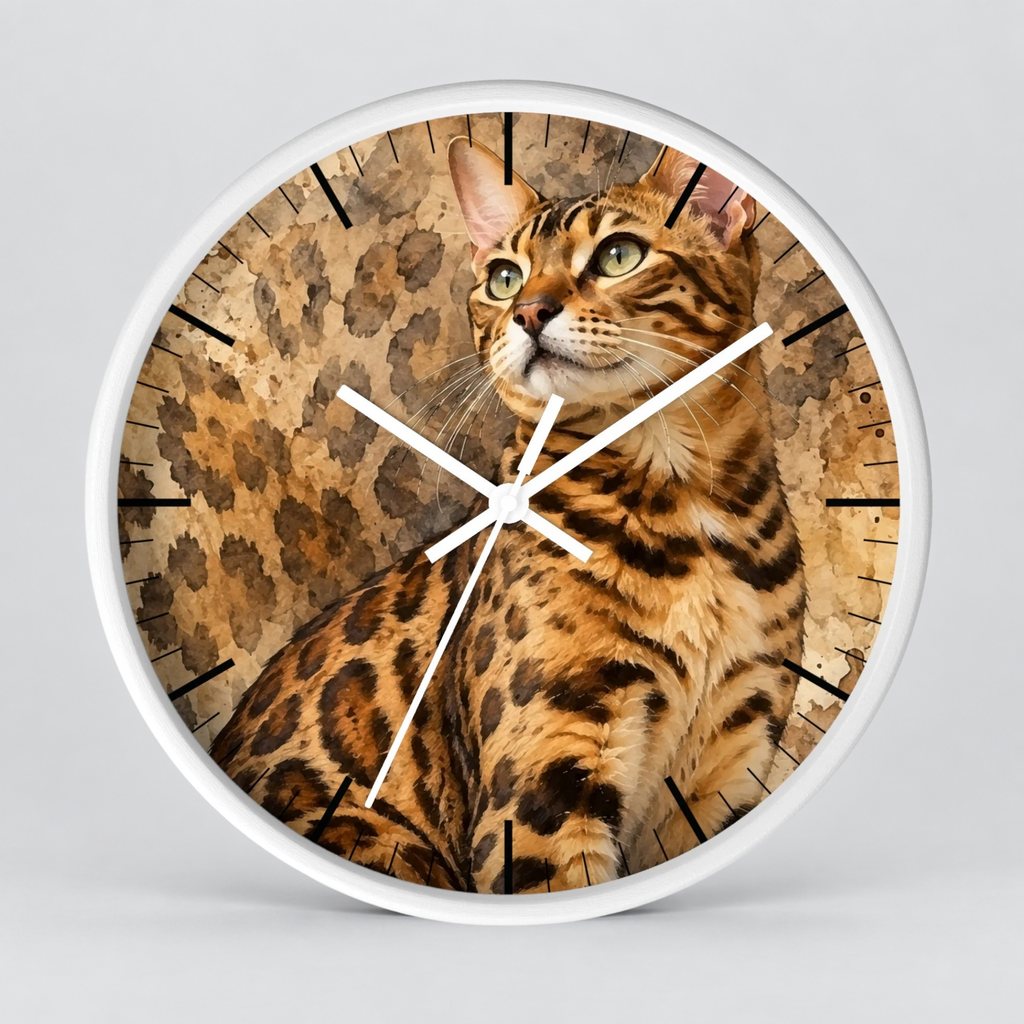 A round wall clock with a white frame and hands, featuring a printed cat face and spotted fur pattern on the dial, shown against a light gray background.