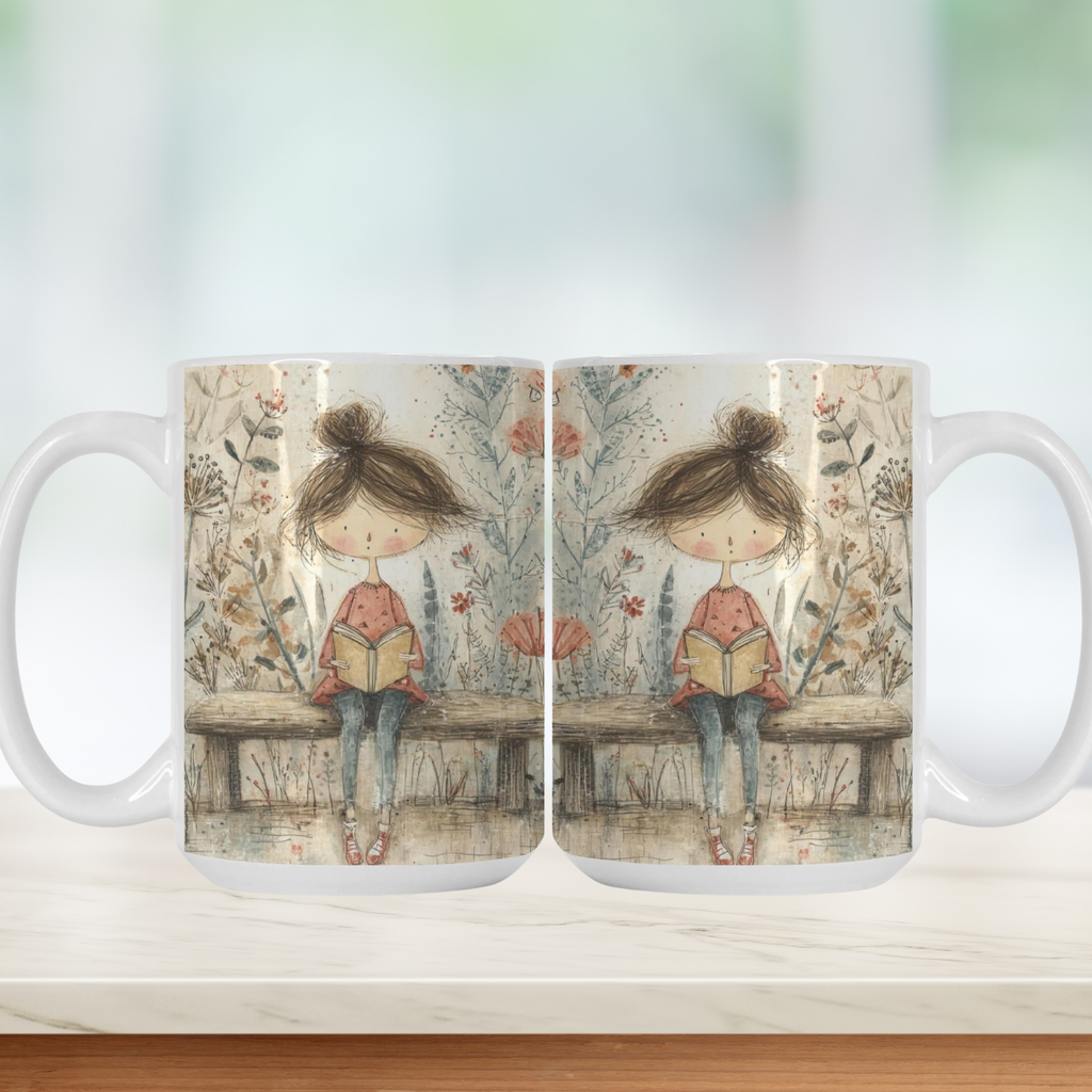 Two mugs with a design of a girl reading a book on a bench, set against a floral background.