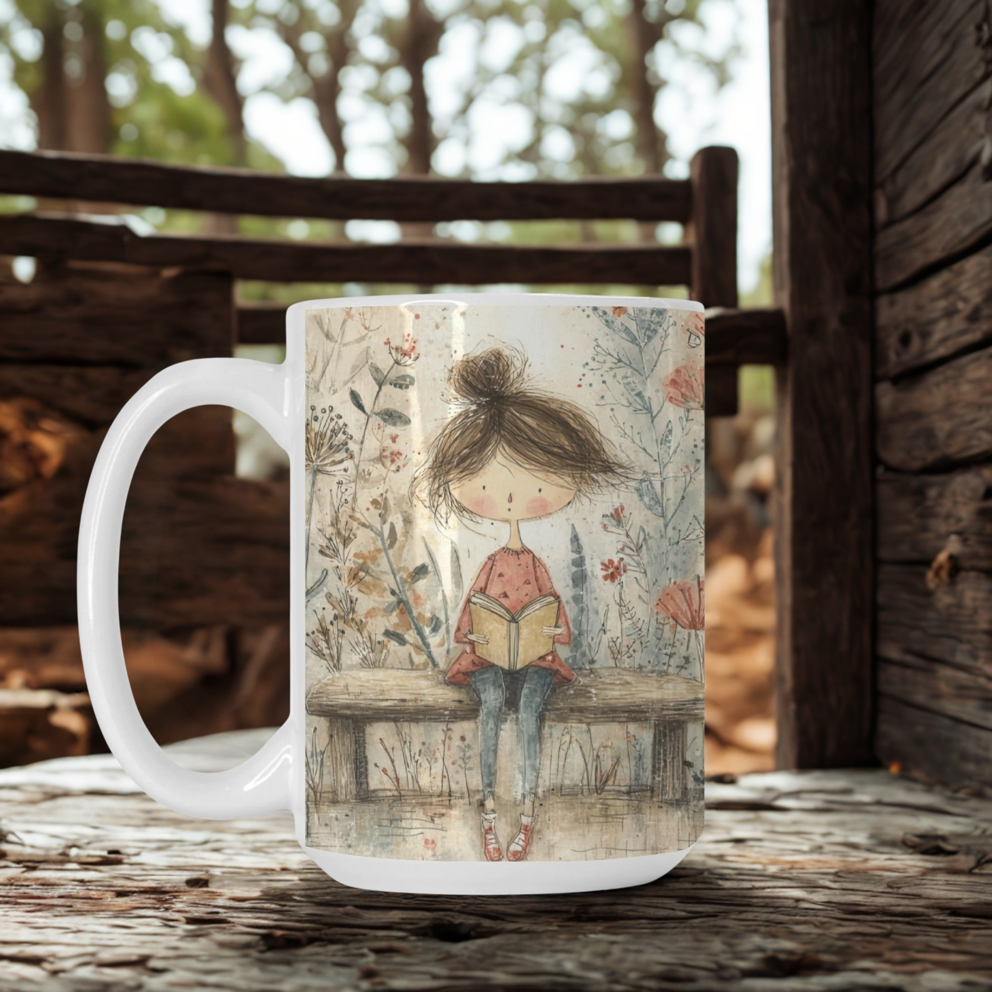 Mug with a design of a girl reading a book outdoors