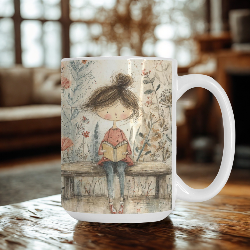 Mug with a design of a girl reading a book on a wooden bench, placed on a table.