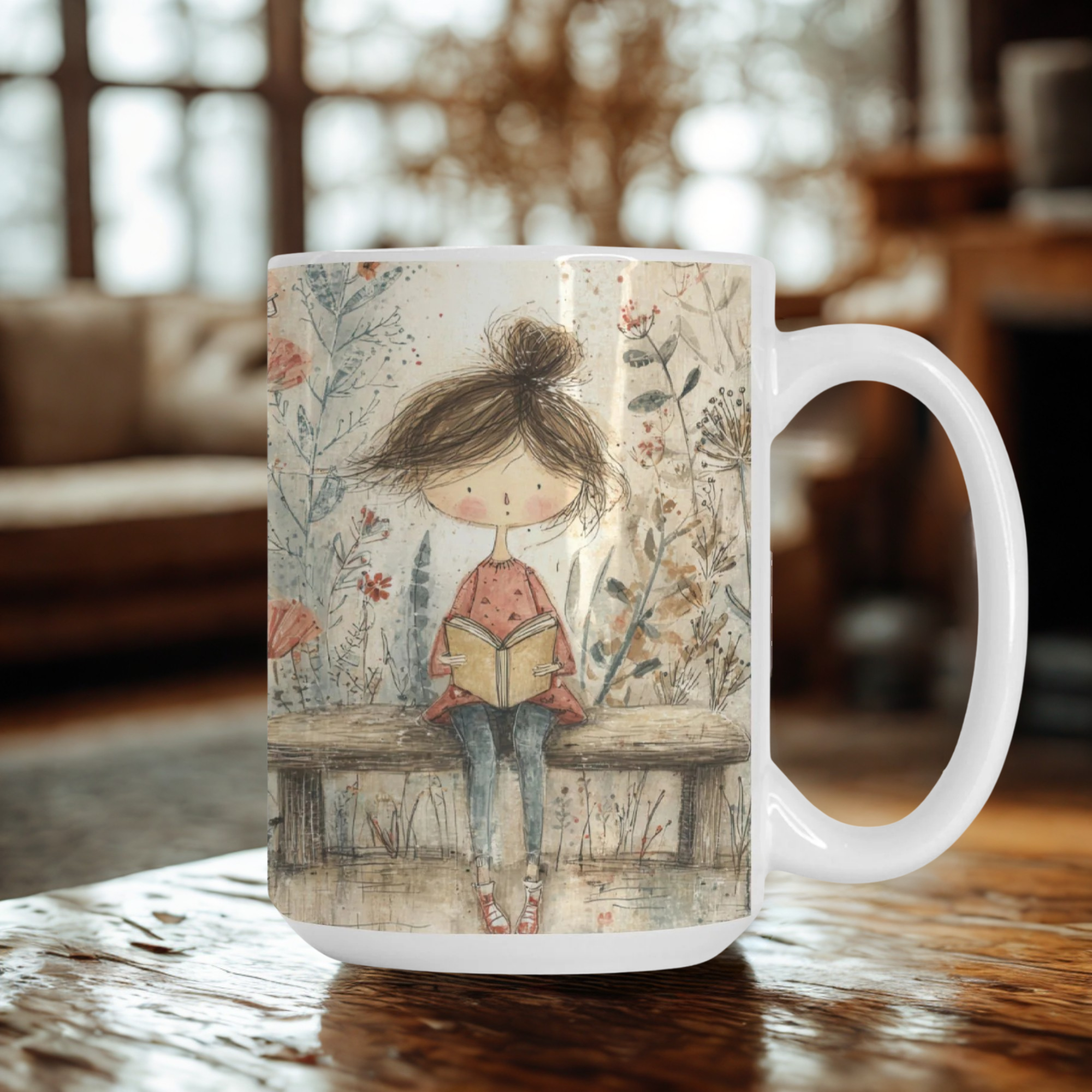 Mug with a design of a girl reading a book on a wooden bench, placed on a table.