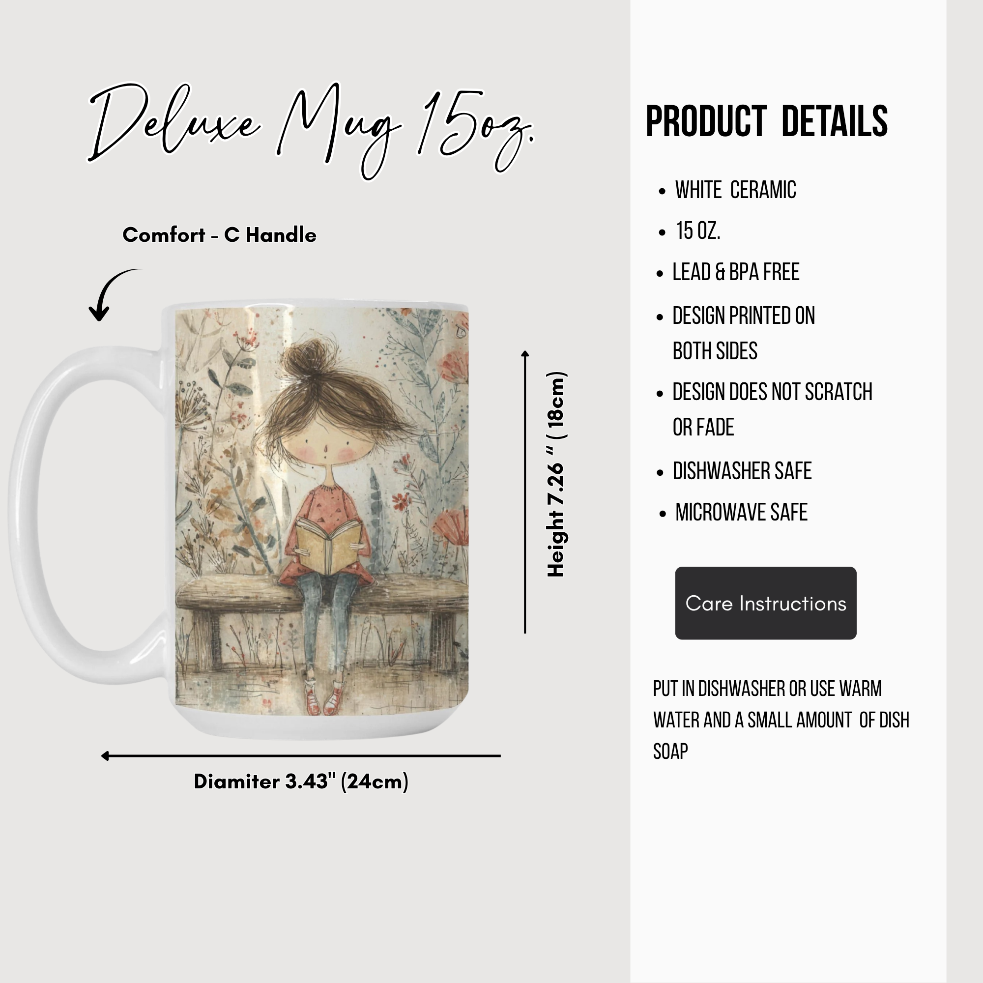 Deluxe mug with a design of a girl reading a book, featuring product details on the right side.