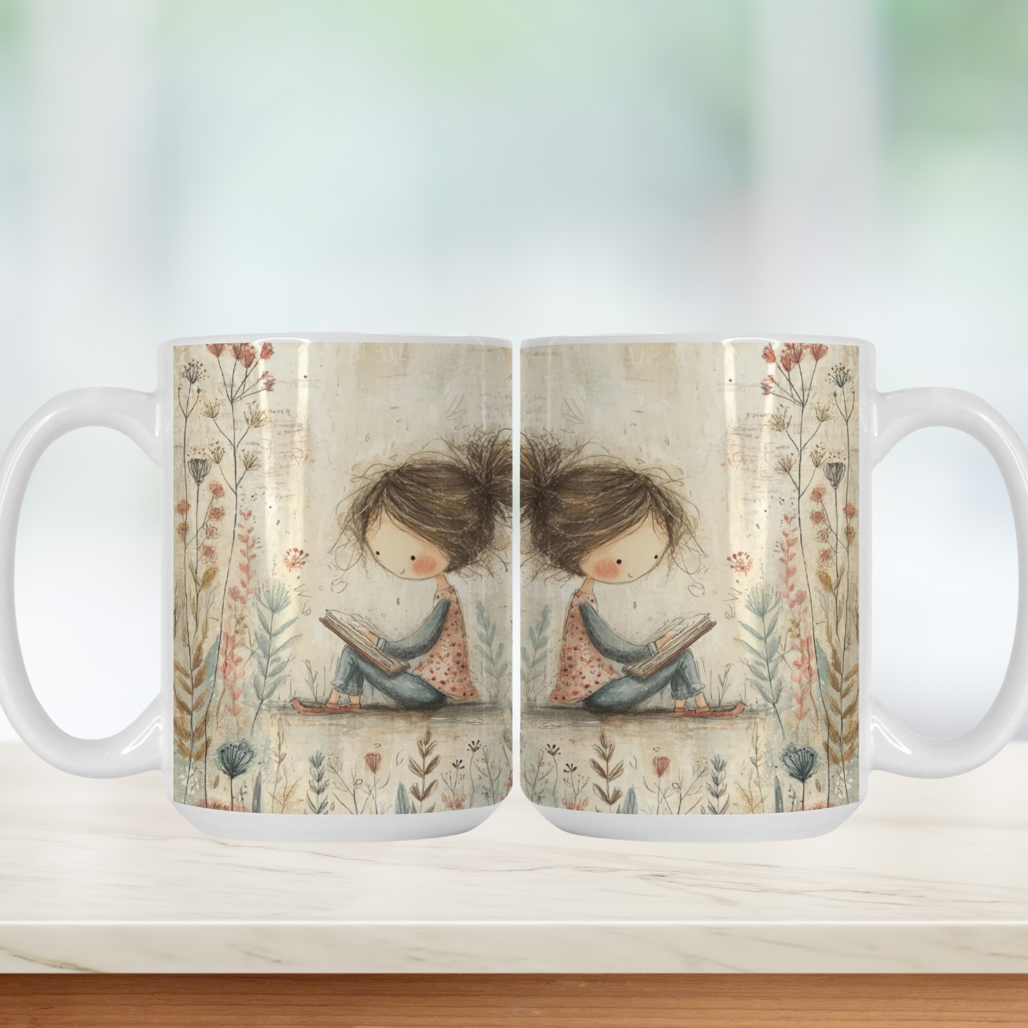 Two mugs with a design of a girl reading a book surrounded by flowers on a white background.