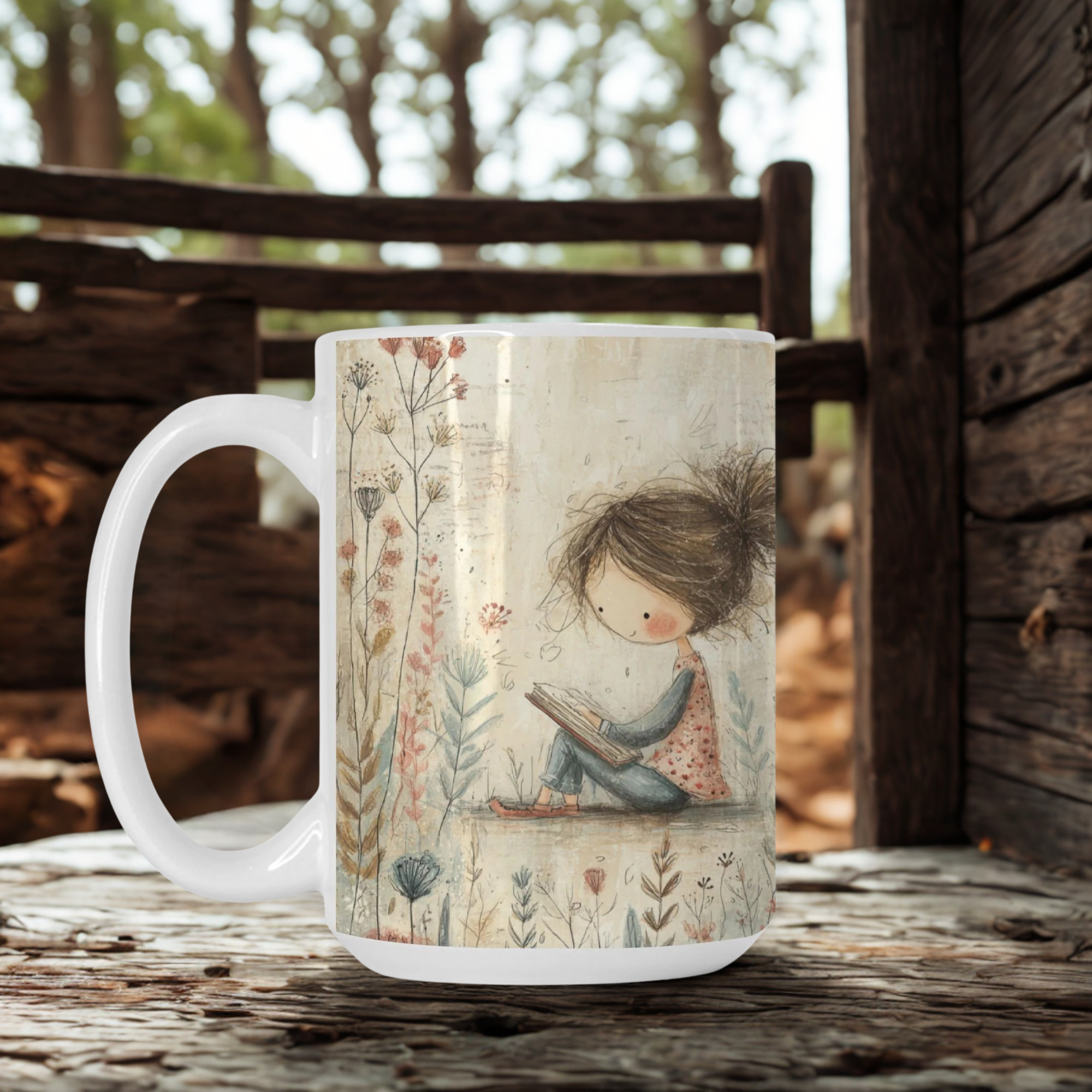 Mug with a design of a girl reading a book surrounded by nature on a wooden surface.