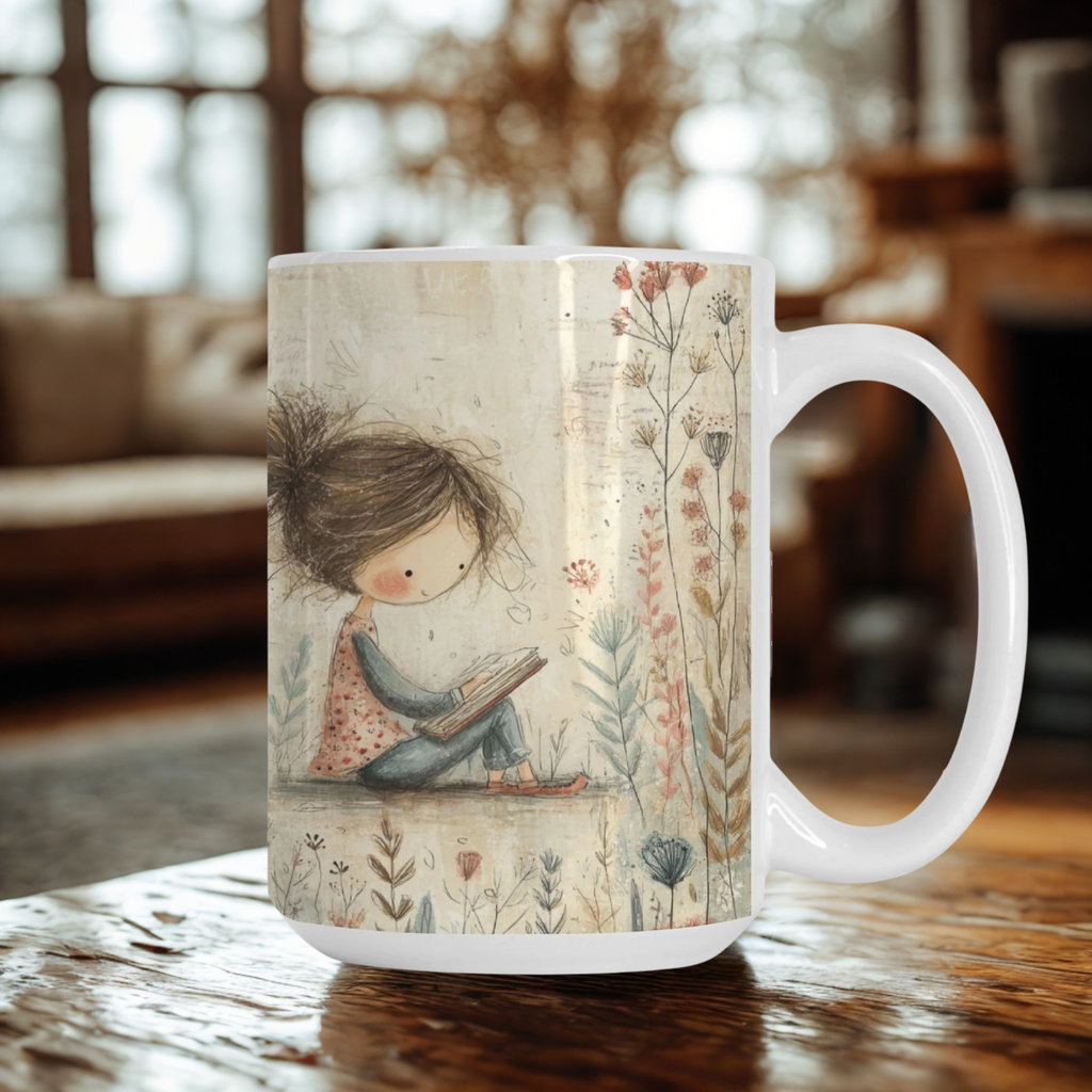 Mug with a design of a girl reading a book by a lake on a wooden table.