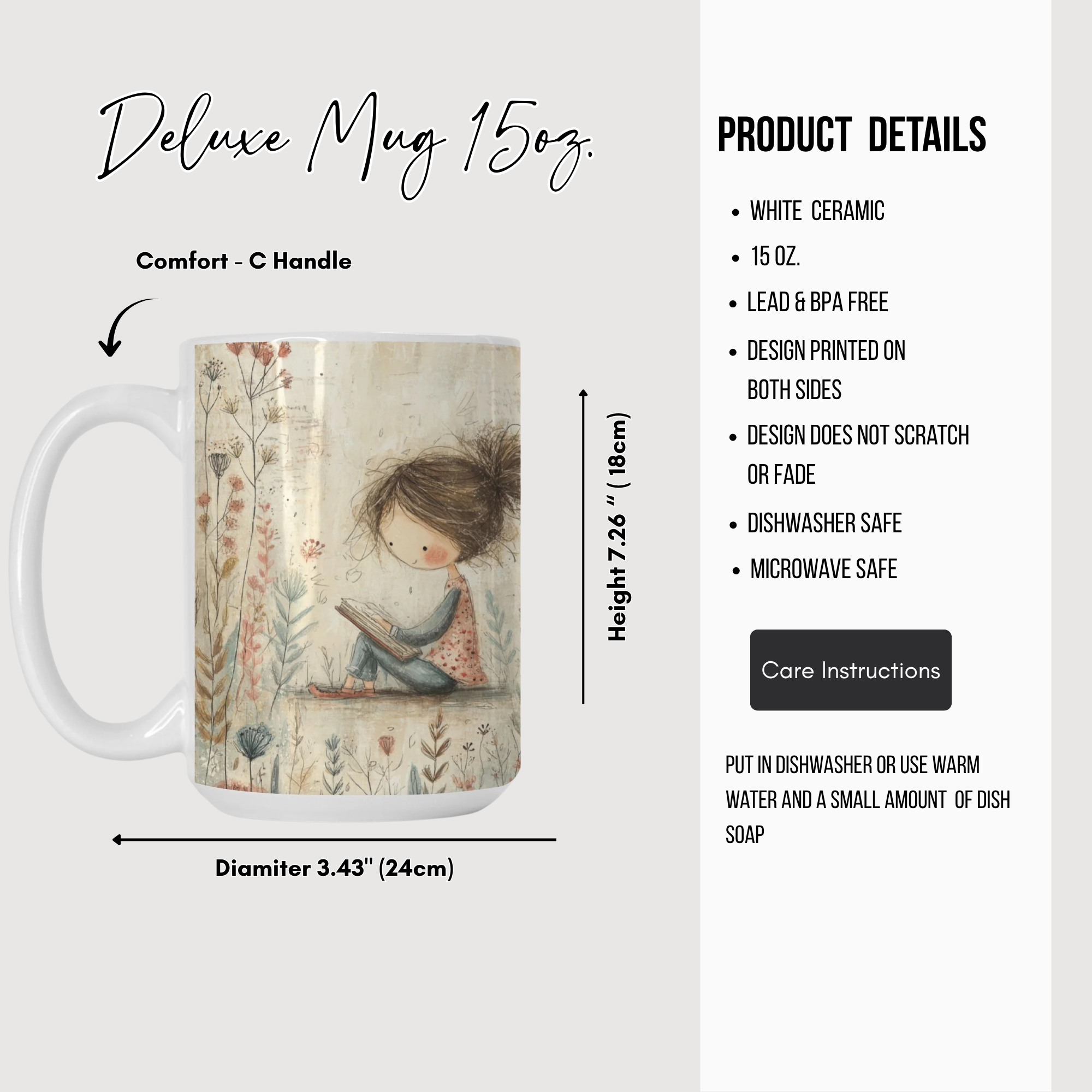 Deluxe mug with a design of a girl reading a book, featuring product details on a white background.