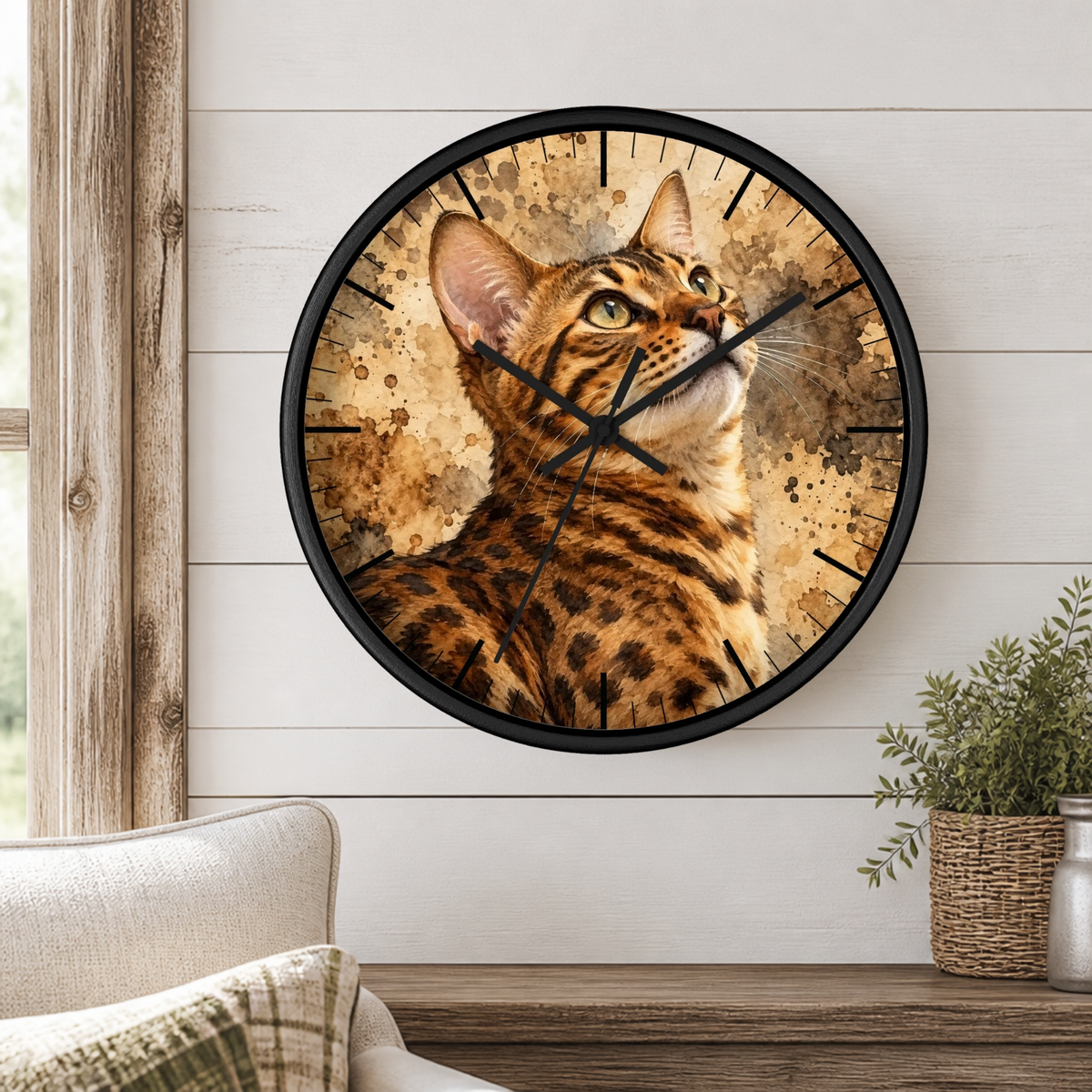 Round wall clock with a black frame and a printed cat portrait face, mounted on a white shiplap wall above a wooden table with a potted plant.