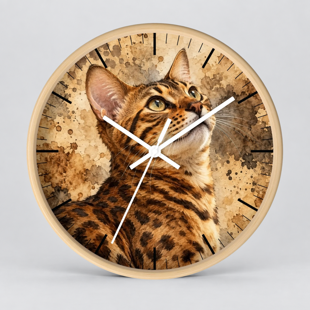 Round wall clock with a light wood frame and a printed cat face and fur design on the face, with white clock hands and black hour markers, shown against a light gray background.