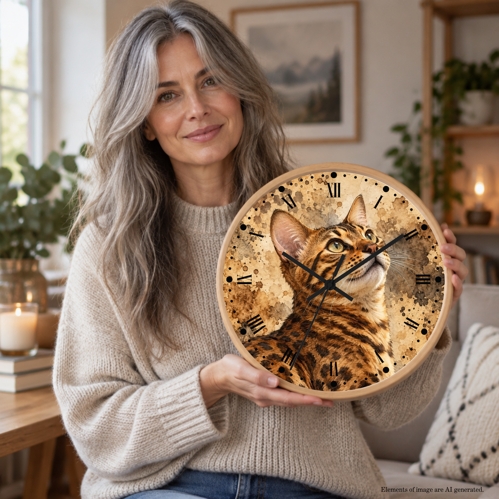 A woman with long gray hair holds a round wooden wall clock featuring a detailed portrait of a Bengal cat on a textured, distressed beige background with Roman numerals. She is wearing a beige knit sweater in a cozy, warmly lit living room setting.