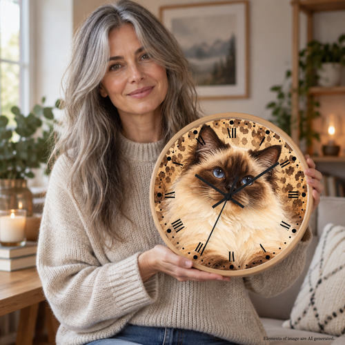 A woman with long gray hair holds a round wooden wall clock featuring a detailed photo of a fluffy cream-colored cat with dark brown patches, set against a pattern of small black paw prints on a warm beige background.