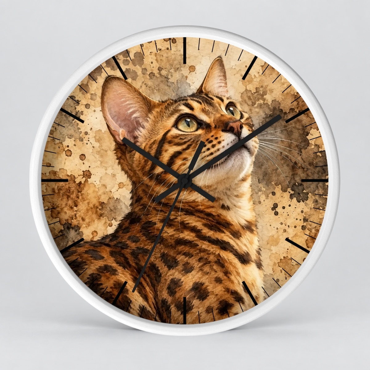 Round wall clock with a white frame and a printed cat face and fur design on the face, with black clock hands and no numerals, shown against a light gray background.