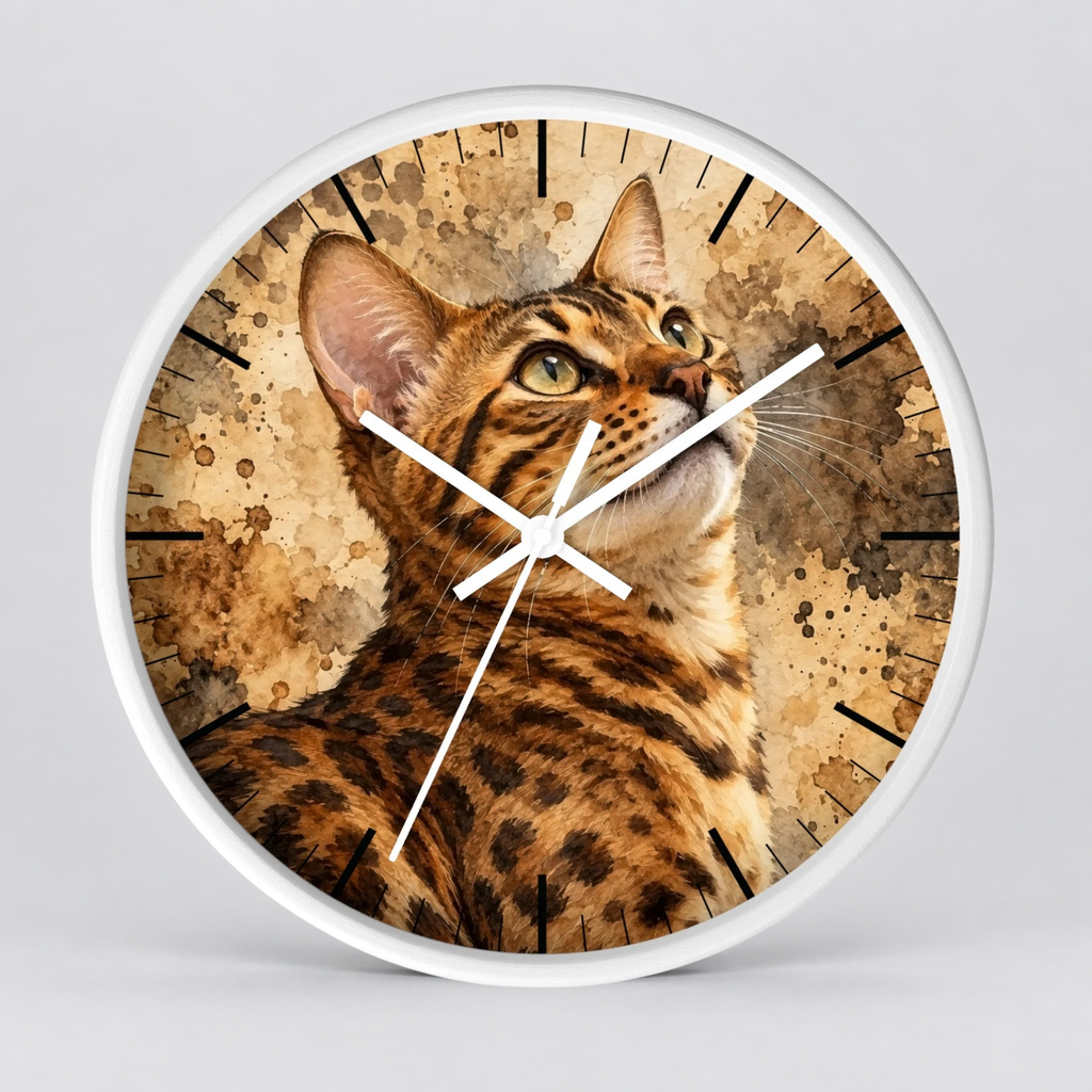 Round wall clock with a white frame and a printed cat portrait on the face. The design shows a brown and beige spotted cat against a textured tan background, with white clock hands and black hour markers.